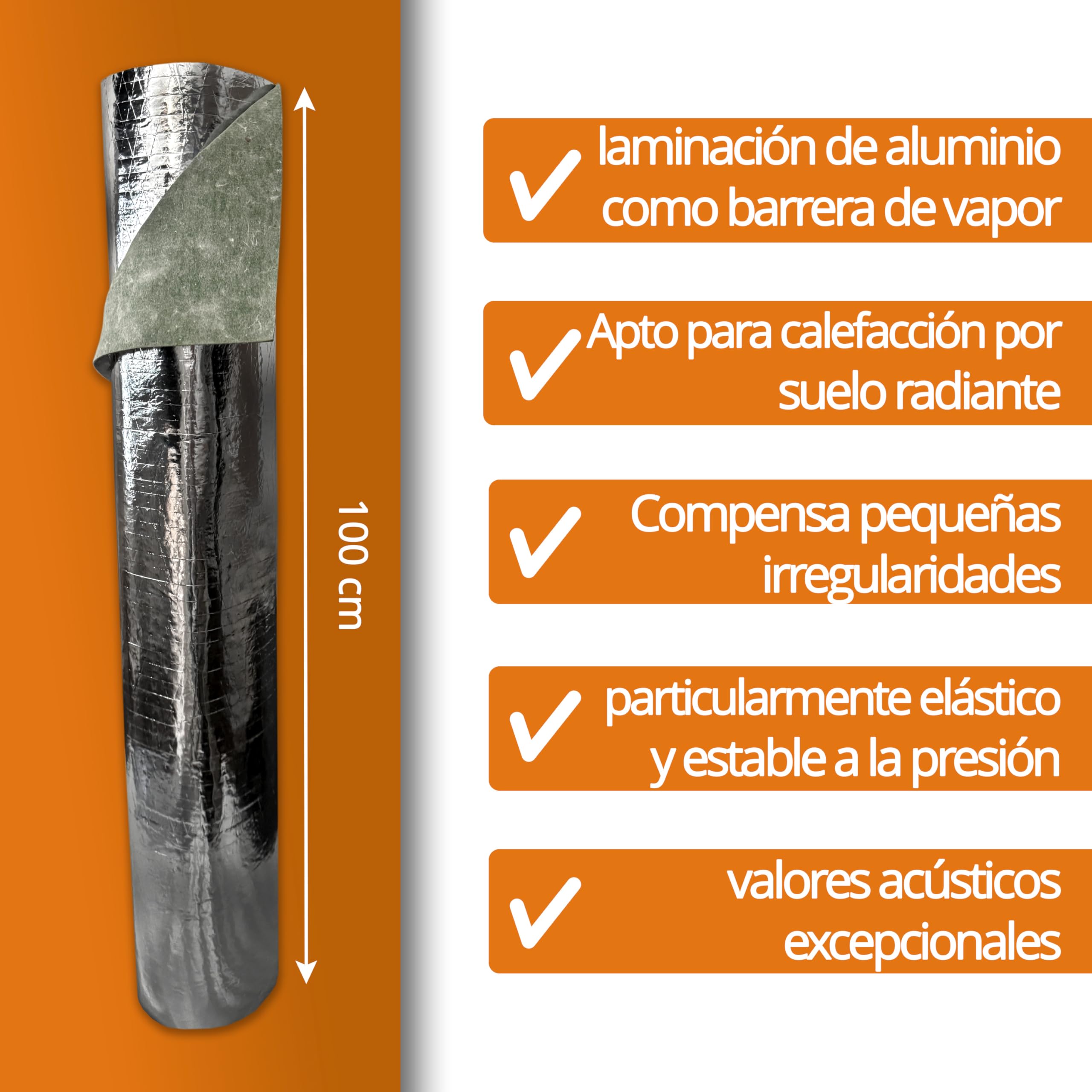 50 m² | Aislamiento acústico de impacto uficell® TOPSONIC AKUSTIC ALU - 3 mm de espesor - ideal para calefacción por suelo radiante (3 mm de espesor, 50 m² / 5 rollos de 10 m)