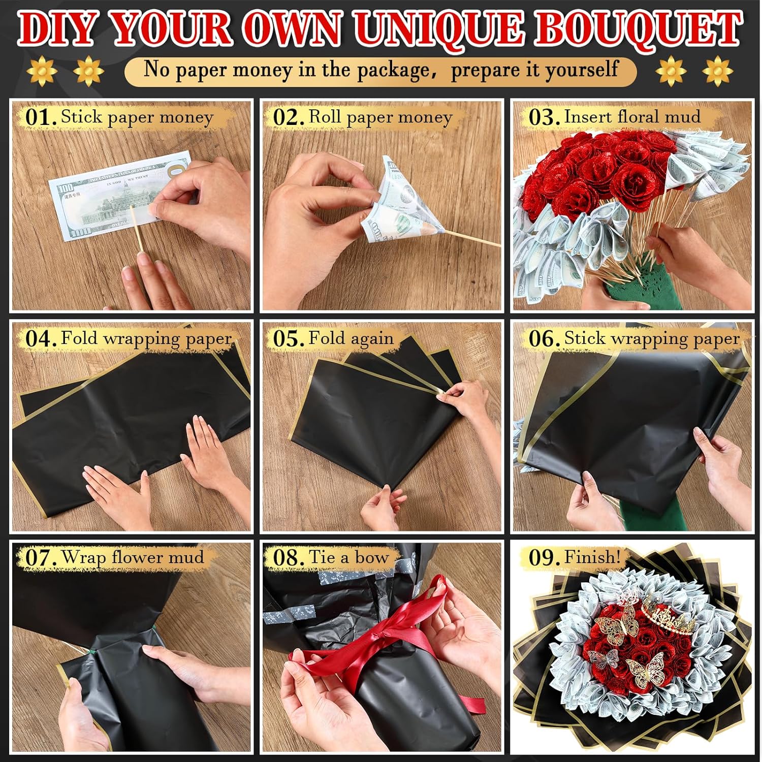 XunYee Valentine Bouquet Kit 20 Sheet Flower Wrapping Paper 100 Pcs Bamboo Skewers Floral Foam Blocks for Anniversary Birthday Gift Graduation Mother's Day(Black) - Image 3