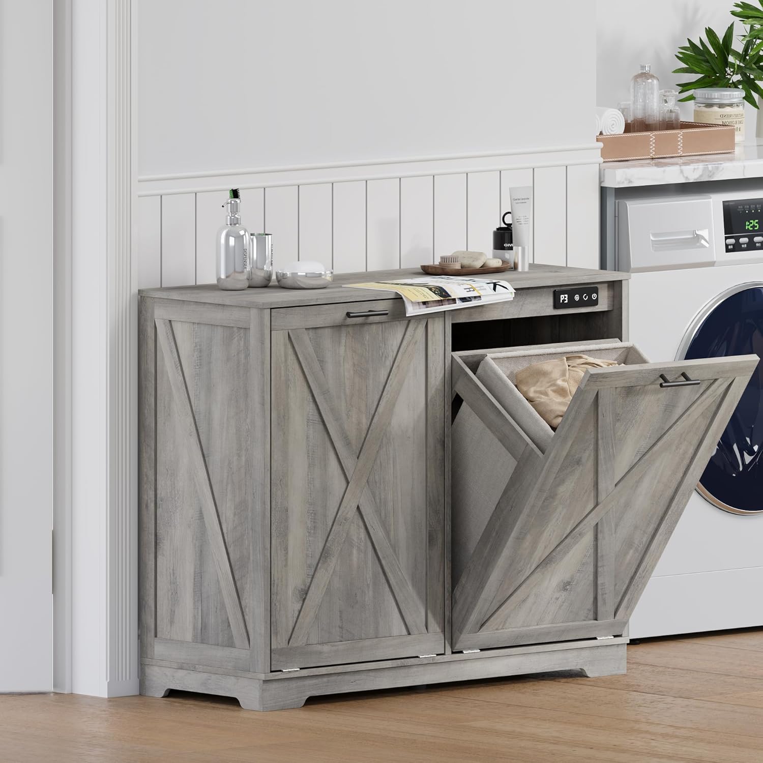 BORNOON Tilt Out Trash Can Cabinet for 2 Bins, Hidden Recycle Garbage Bin Enclosure, Wooden Double Laundry Cabinet with Odor Control, Negative Ion & Ozone, for Kitchen, Bathroom, Laundry Room