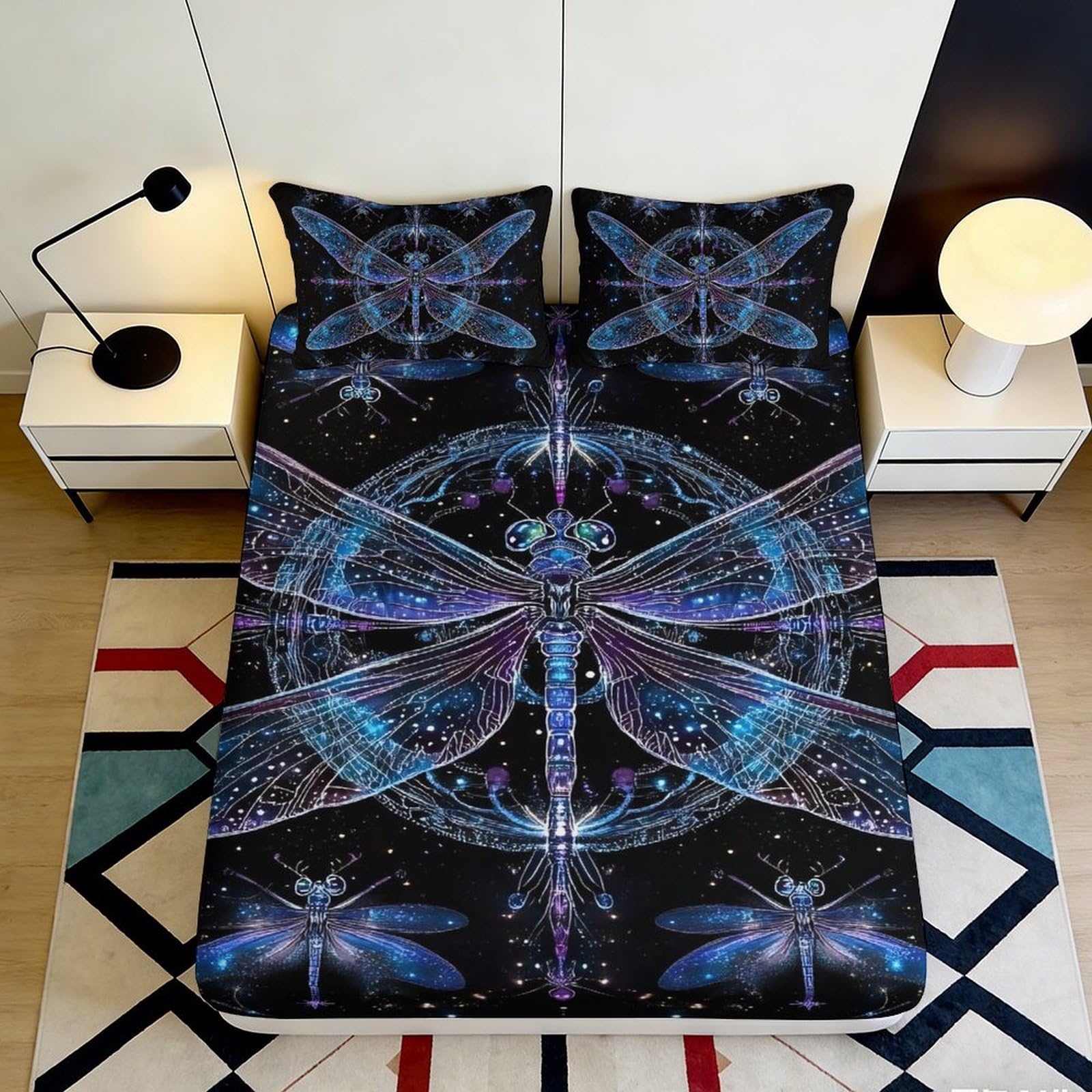 3D Printed Mystic Dragonfly Fitted Sheet Microfiber Soft Blue Mandala Bed Cover for Bedroom Dorm Mattress Decor 90x200x25cm