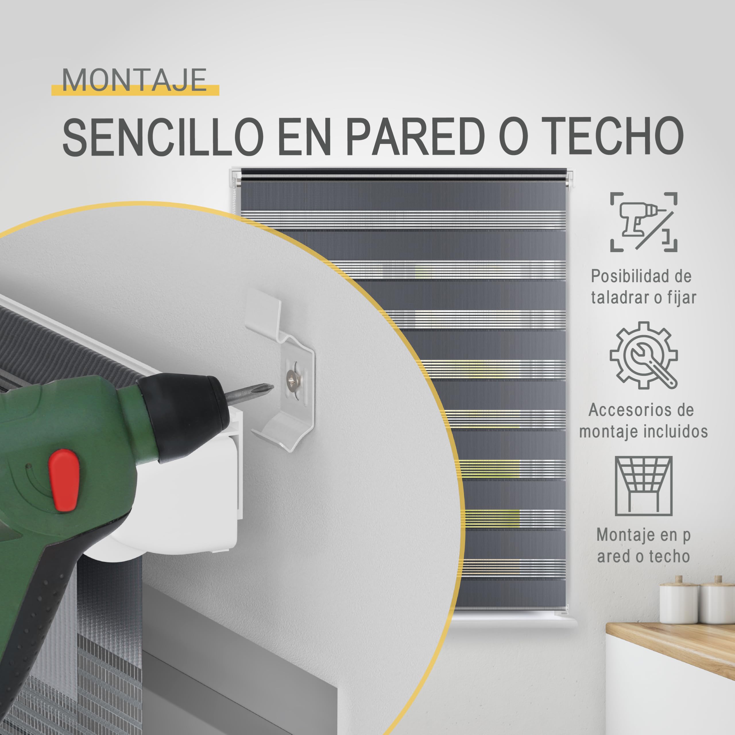 Sol Royal Persiana Estor Doble Noche y Día klemmfix sin taladrar Dormitorio | 70x220cm gris para ventanas y puertas oficina sala SolDecor interior fijación presión DL2