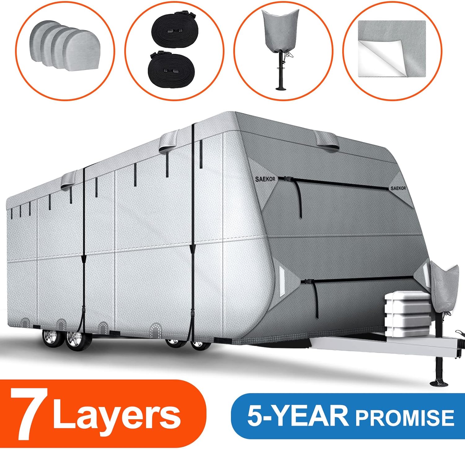 7 Layers Travel Trailer RV Cover for 22.1' - 24' RV, 250 GSM Anti-UV Top for SPF50+ Tearproof Camper Cover + 4 Tire Covers + 2PCS Windproof Straps + Tongue Jack Cover + Gutter Cover for No Tearing : Automotive
