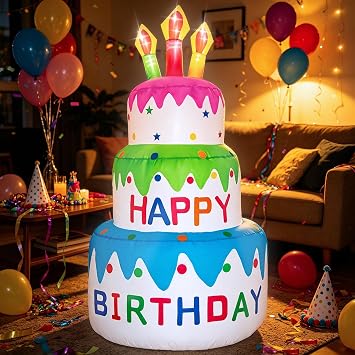 5FT H Inflatable Birthday Cake Novelty Birthday Gift, Indoor Outdoor Decoration with Candles Lighted, Blow Up Holiday Birthday Party Decor Inflatable Cake with Build-in LED Lights