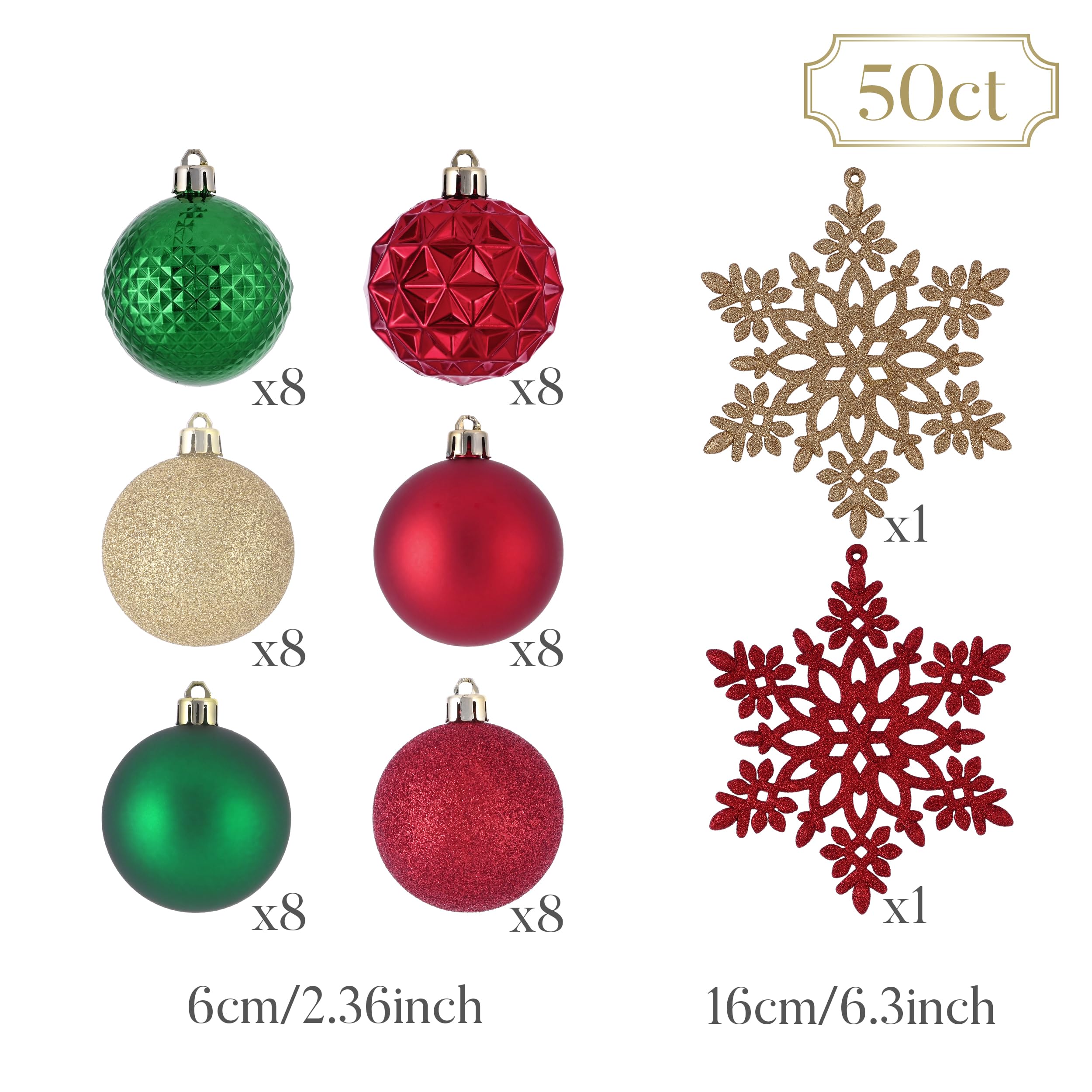 Valery Madelyn Lot de 50 boules de Noël en plastique avec crochet de suspension, 5 cm, rouge, vert, doré, décoration de sapin de Noël, avec flocons de neige incassables, décoration de Noël