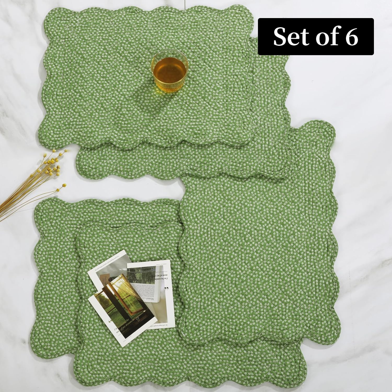 HOMBYS Quilted Placemats Set of 6 Washable-13x18 inches Rectangular Placemats for Kitchen Table-100% Cotton Fabric Rectangular Table Mats, (Green & Withe)