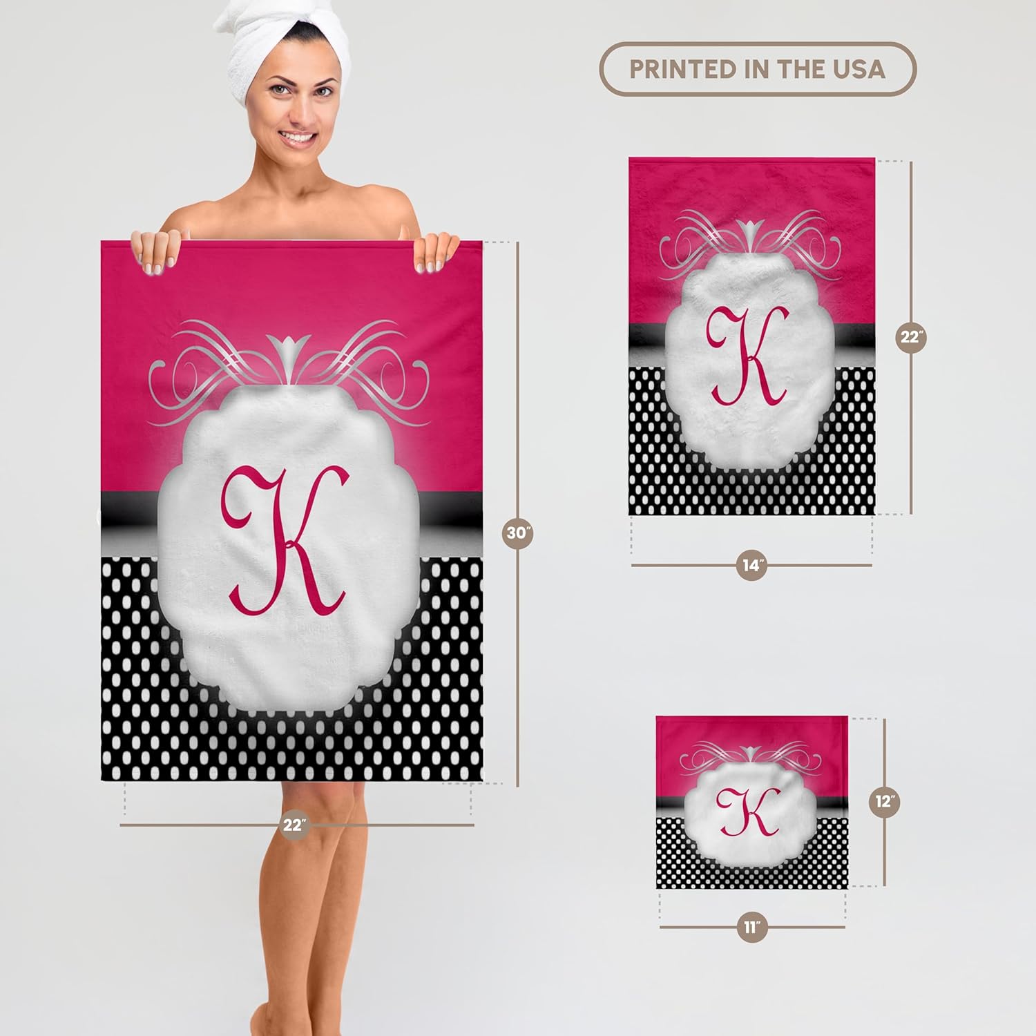 3dRose Elegant Pink with Black and White Polka Dot Monogram Letter K 22x30 Bath Hand Pool Towel
