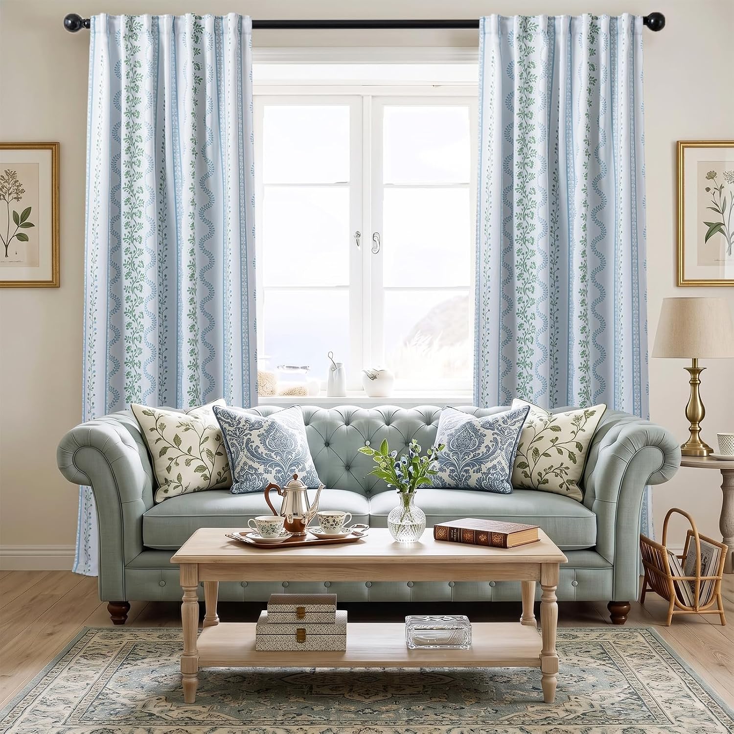 Light Blue and White Floral Blackout Curtains, French Country Cottage Core Green Scalloped Thermal Insulated Drape for Summer Heat, Grand Millenial Coastal Curtain for Living Room Bedroom 84 Inch Long