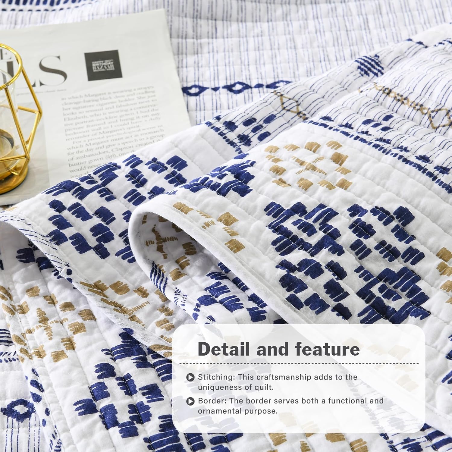 Y-PLWOMEN Queen Size Quilt - 100% Cotton Reversible Lightweight Soft Bedspread for All Seasons, Geometric Striped Boho Design, 3 Piece (1 Quilt + 2 Pillow Shams)
