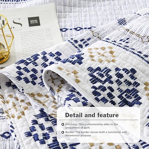 Miniatura 6 de Y-PLWOMEN Juego de edredón de tamaño Queen 100% algodón, bohemio, juego de edredón azul marino, cubrecama ligero bohemio tamaño Queen para todas las