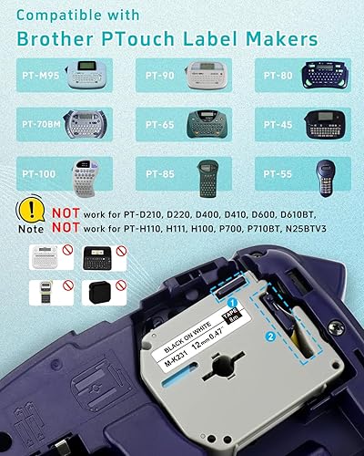Miniatura 2 de Womiten Paquete de 5 cintas M de 0.47 pulgadas 0.47 M-K231s compatibles con cinta Brother M de 0.472 in 0.47 blanco M-k231 MK-231s, negro sobre
