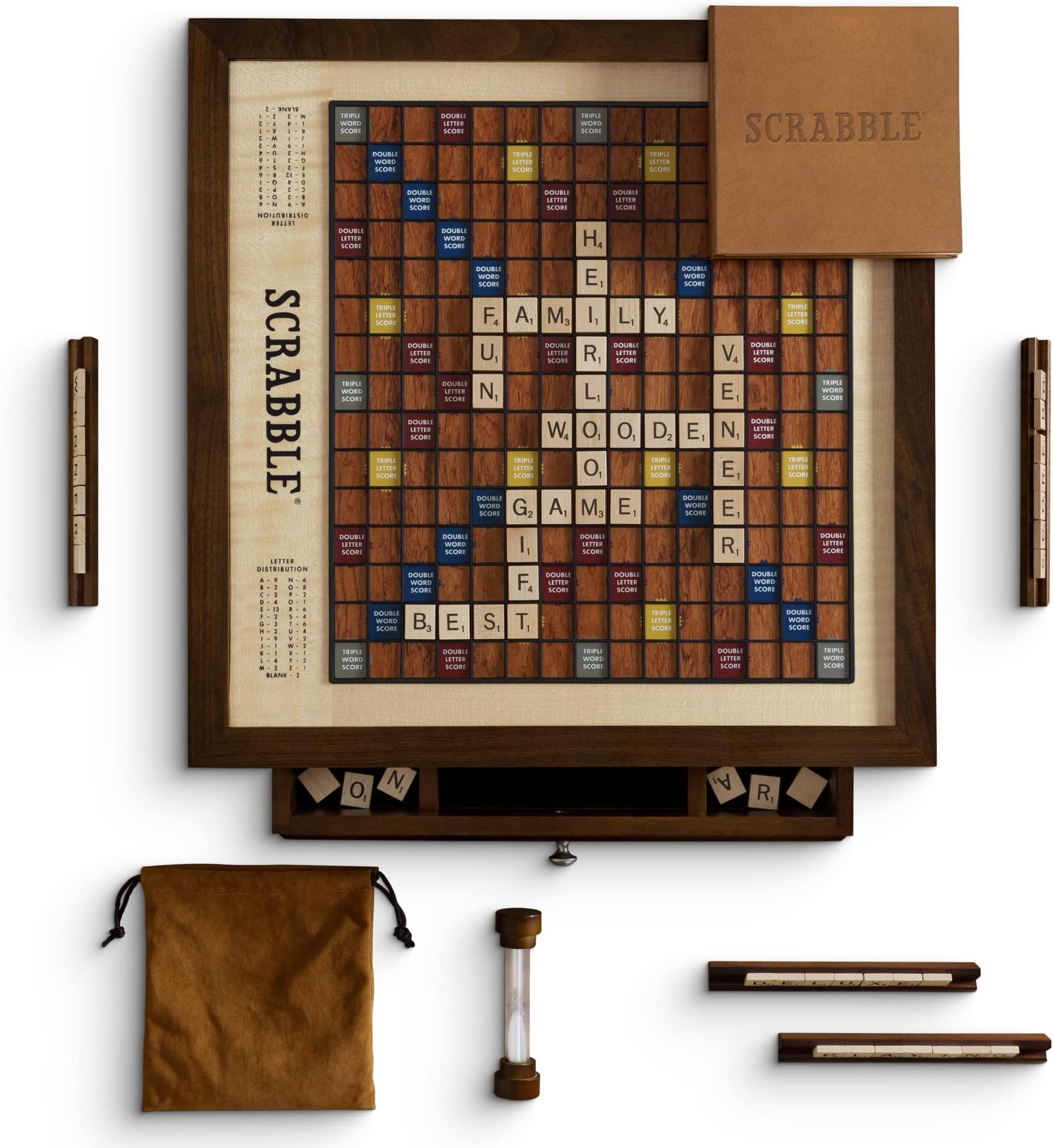 Scrabble Heirloom Edition Solid Walnut Cabinet with Tiger Maple and Rosewood Veneers | Built-in Storage | Rotating Game Board with Raised Letter Tile Grid | for 2–4 Players