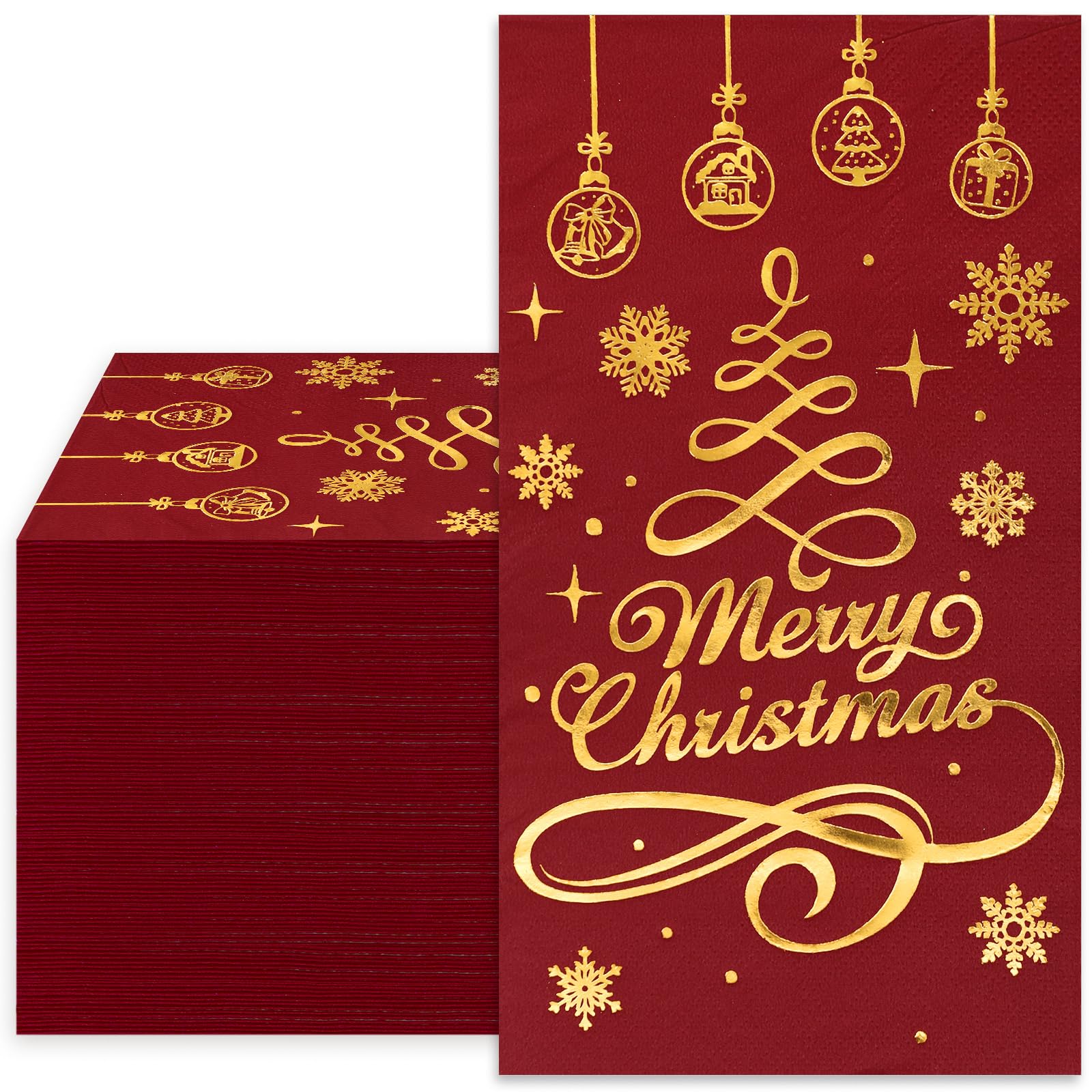 Whaline Merry Christmas Guest Paper Napkin Red Gold Foil 3 Ply Disposable Napkin Xmas Tree Dinner Hand Napkin Towel for Winter Party Supplies Table