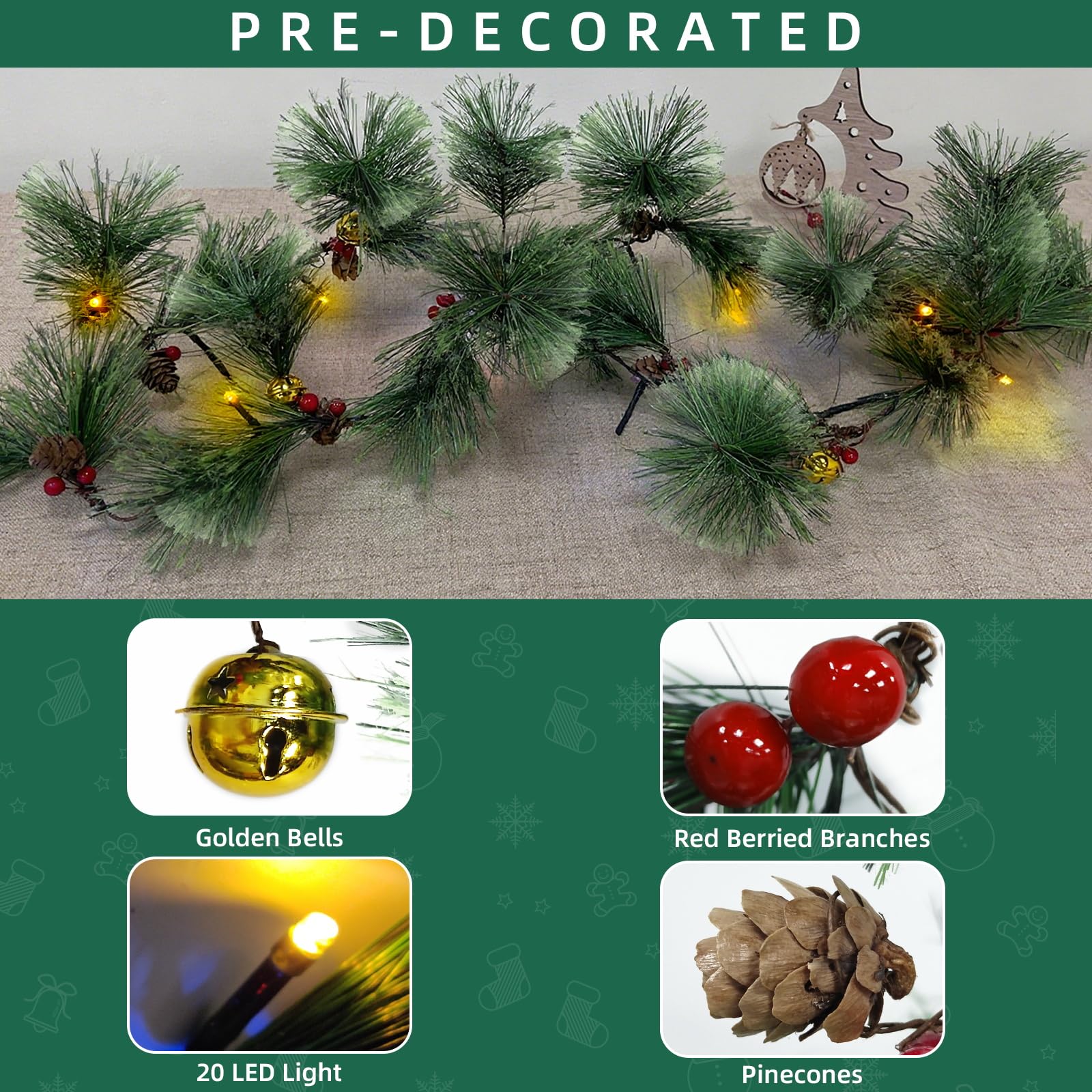 Ghirlanda natalizia con doppio cambio di colore e timer, 1,8 m, 20 LED, con luci bianche calde e colorate, 8 modalità, ghirlanda rustica di pino di cedro preilluminata con pigne e campanelle di