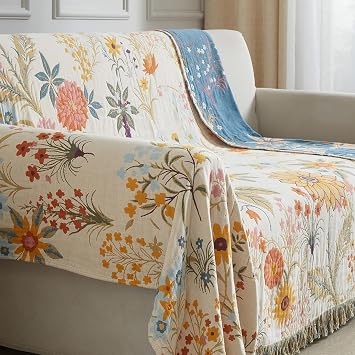 Bailix Premium Bohemian throw, 100% Cotton Cuddly Blanket with Fringes, Double-Sided Muslin, Boho Blanket, 150 x 200 cm, Cuddly Sofa Blanket and Bed Throw, Patchwork, Blanket for Room Blue/Beige
