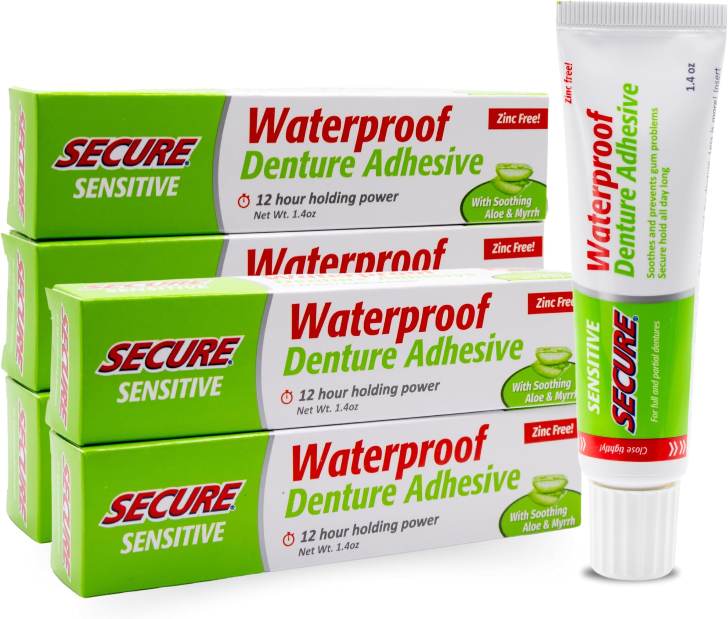 Secure Sensitive Denture Adhesive with Aloe Vera & Myrrh to Nourish Your Gums – Uppers, Lowers & Partials - Waterproof & Zinc Free - Food Grade Ingredients - Less Adhesive, More Hold - 1.4 oz (5 Pack)