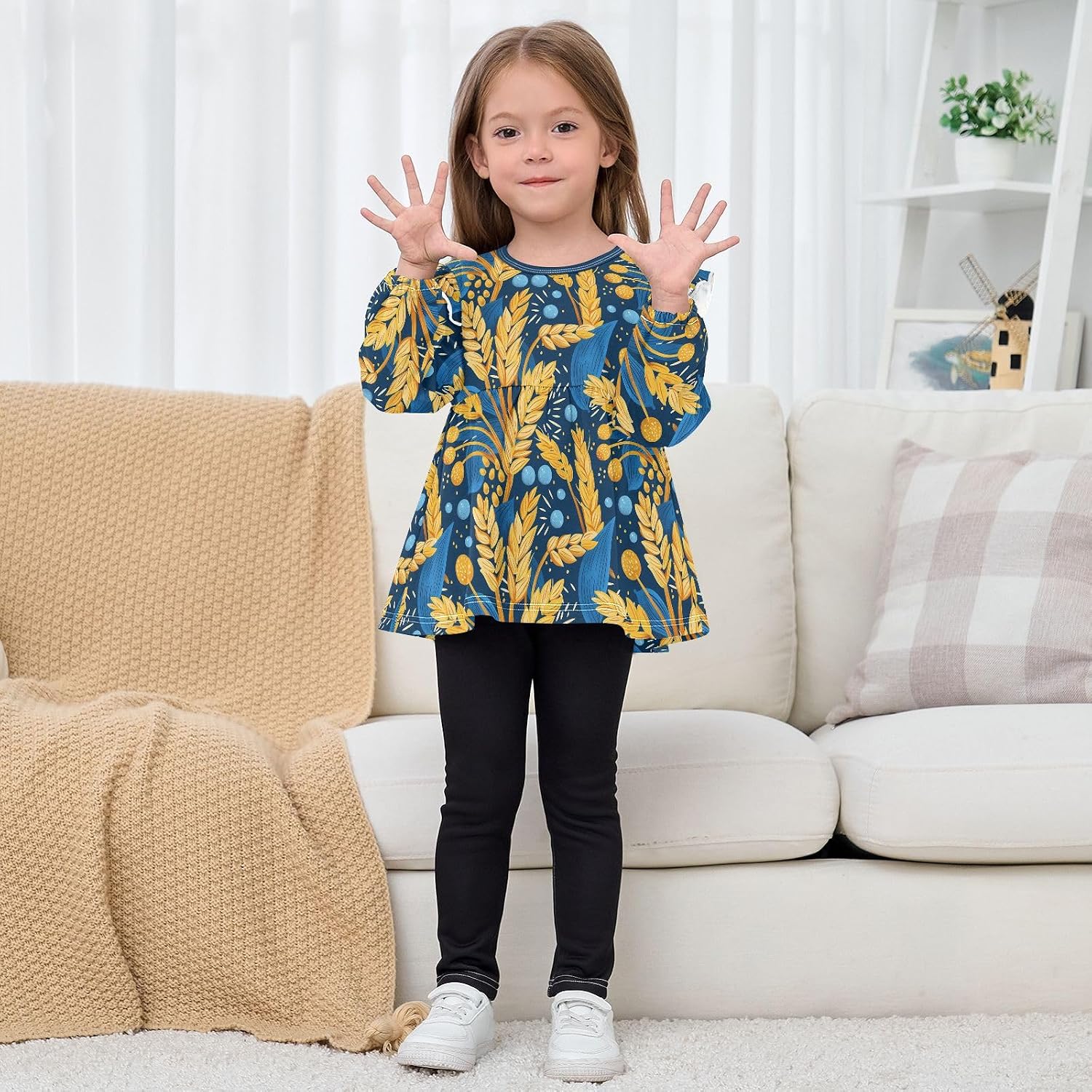 visesunny Toddler Clothes for Girls Night Wheat Bubble Pattern Long Sleeve Fall Shirts Cotton Top with Ruffle Collar