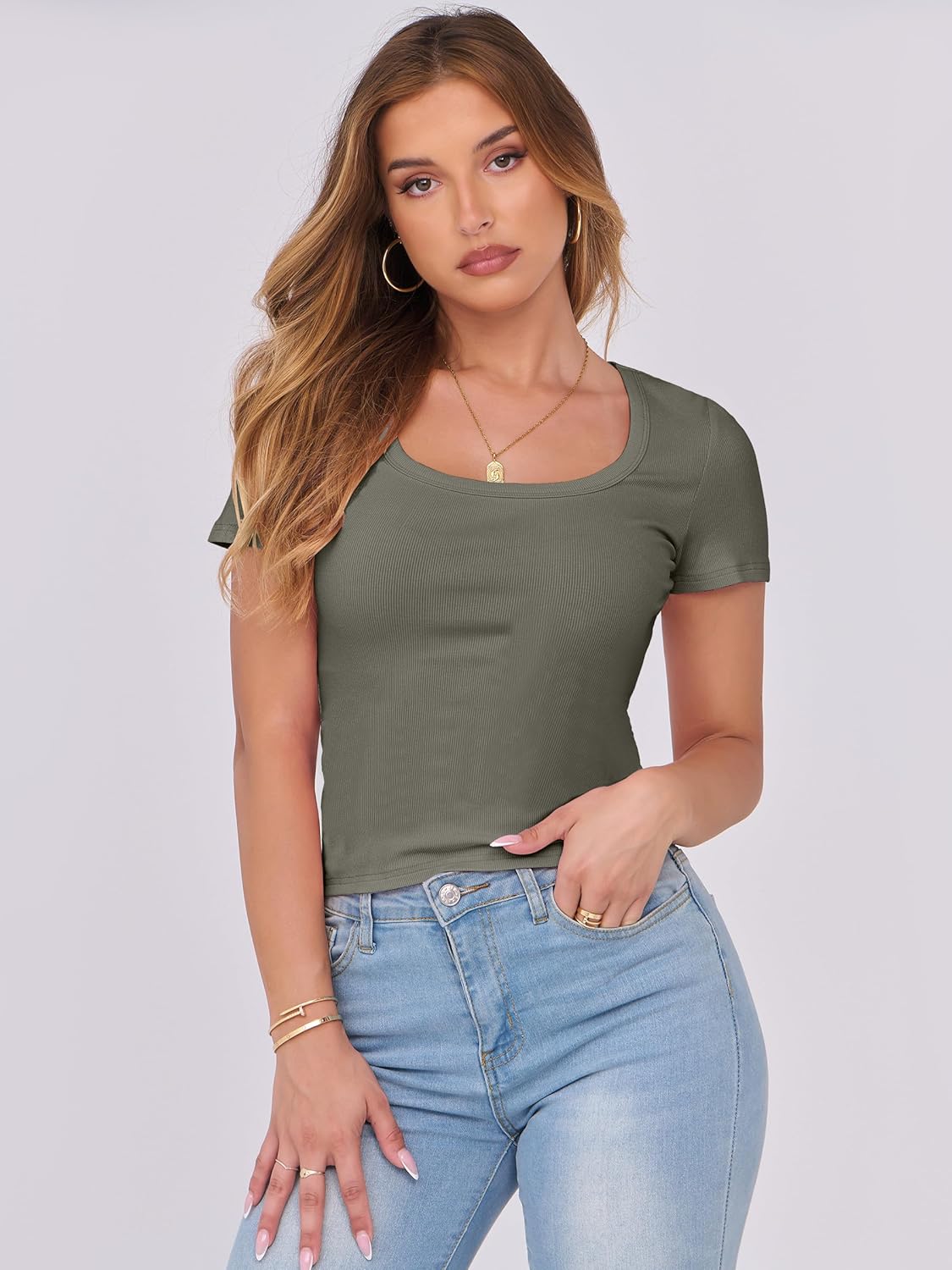 ANRABESS Women Short Sleeve Tops Scoop Neck Ribbed Knit Slim Fitted Basic Tee Shirt Casual Summer Clothes 2026 Spring Outfits - Image 2