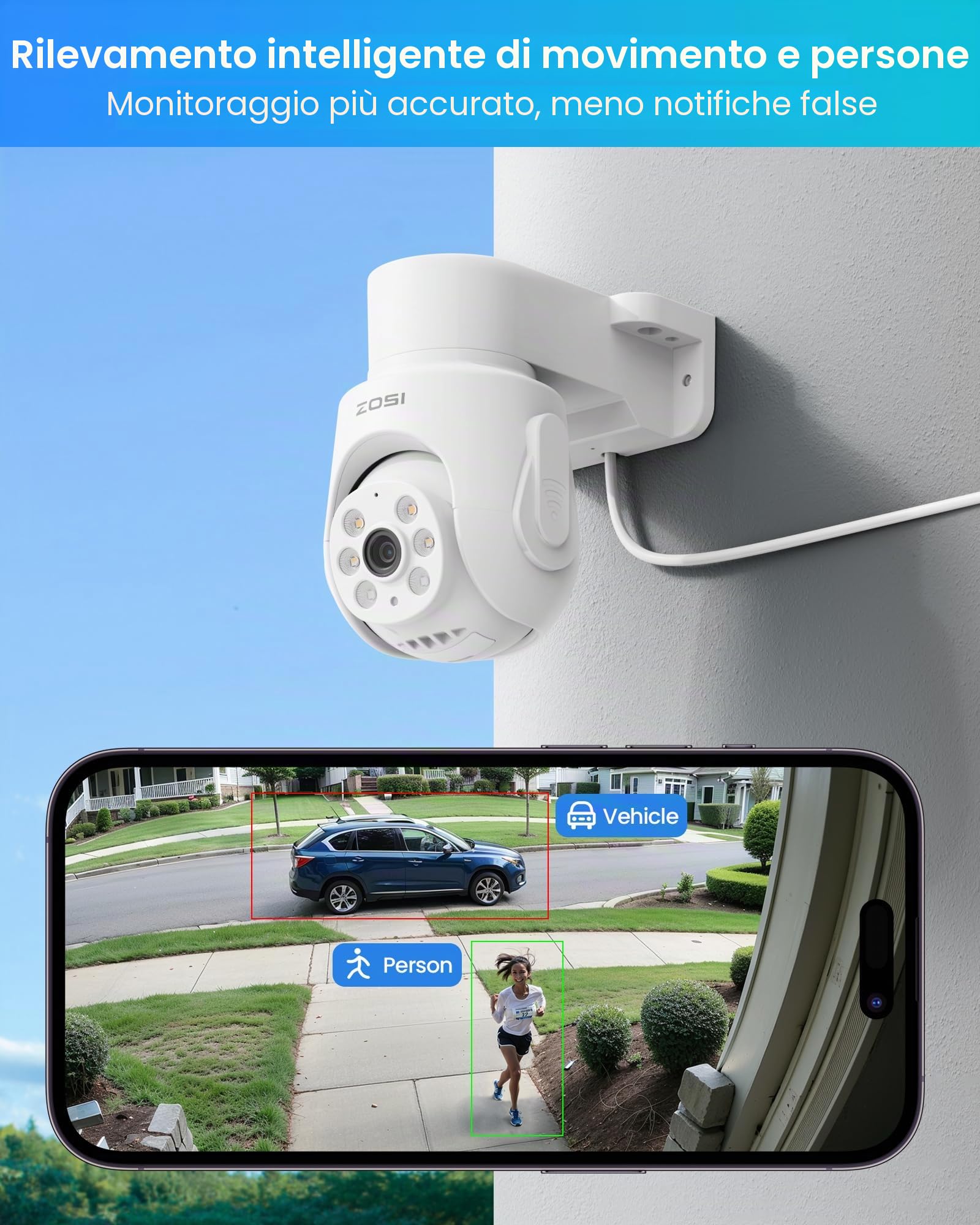 ZOSI 5MP Telecamera di Sorveglianza per Esterno, 8CH 2TB NVR con 12” Monitor, 8x Telecamera WiFi 6 Pan &Tilt, Audio a 2 Vie, Rilevamento Persone AI, Visione Notturna a Colori, C280