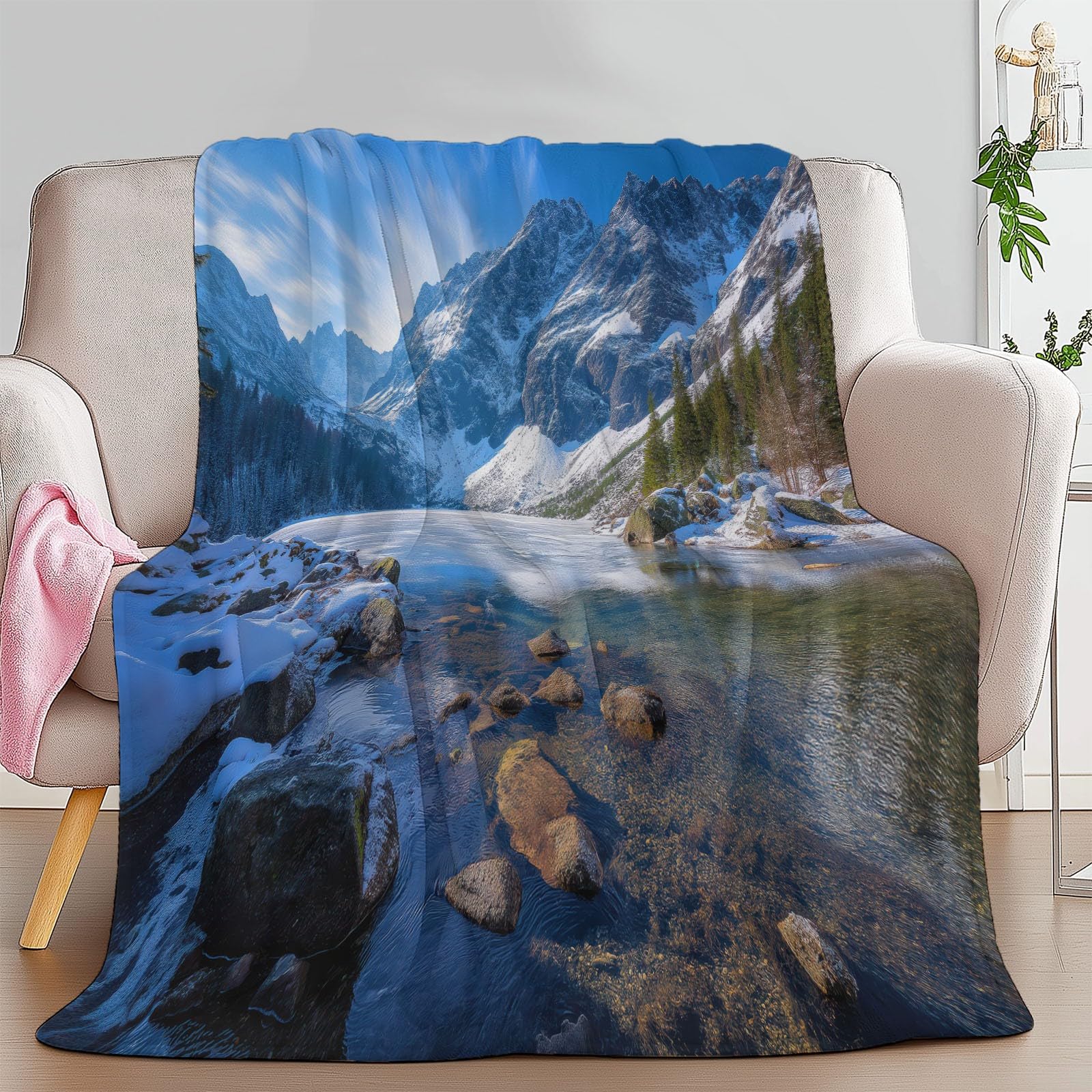 Générique Couverture Polaire Bleu, Plaid Polaire en Flanelle Douce et Confortable - Couverture Chaude Nature Surréalisme Montagnes Moderne pour Enfants Adolescents et Adultes, 180 x 200 cm