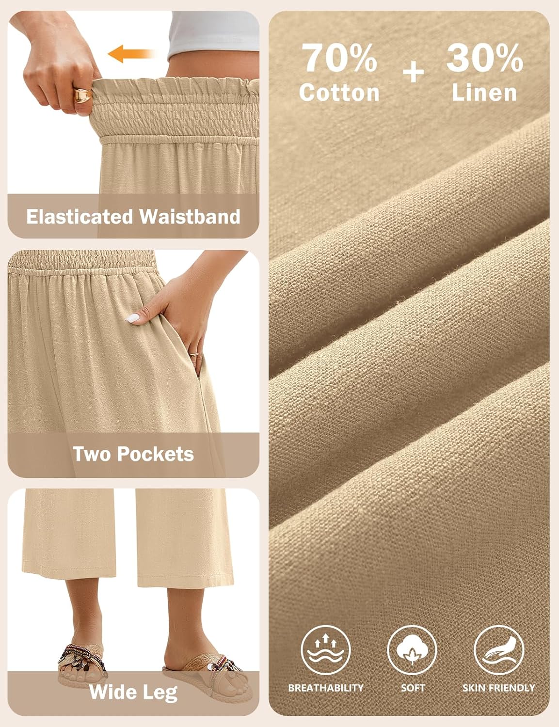 Yusongirl Wide Leg Capri Pants for Women Pull On Linen Casual Palazzo Trousers Smocked Elastic Waist Flowy Pants