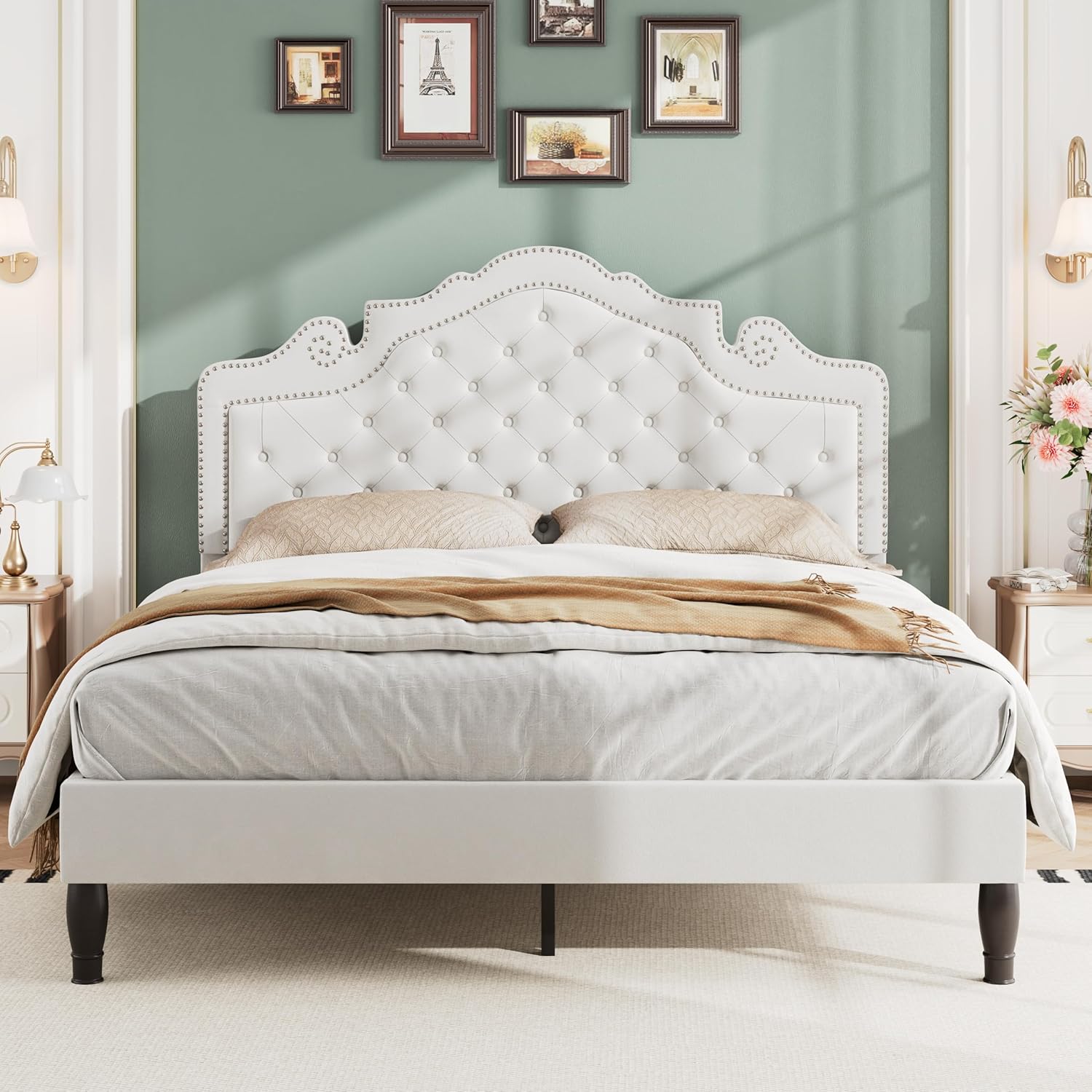 WEEWAY Queen Size Platform Bed Frame with Velvet Adjustable Tiara Curved Headboard and High Resilience, Upholstered Diamond Button Tufted with Wood Slats/No Box Spring Needed/White