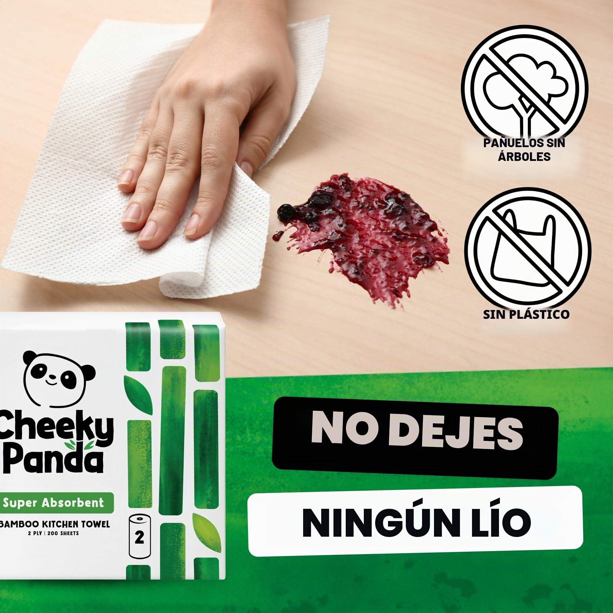 The Cheeky Panda Papel Cocina de Bambú | 10 x Rollo Cocina | 2 Capas – 100 Hojas Por Rollo | Super Absorbente y Ecológico | Sin Plásticos y Certificado FSC