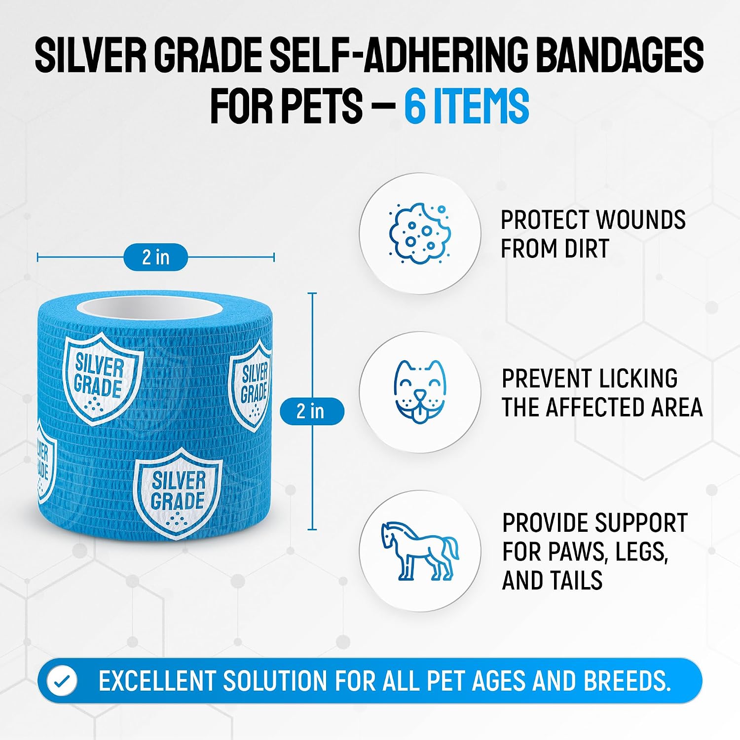 SILVER GRADE Vet Wrap for Horses, Cats, Birds & Other Animals – First Aid Dog Bandages for Wounds to Stop Licking & Scratching – 6 Rolls of Elastic Self-Adhering Bandages with Natural Rubber Latex