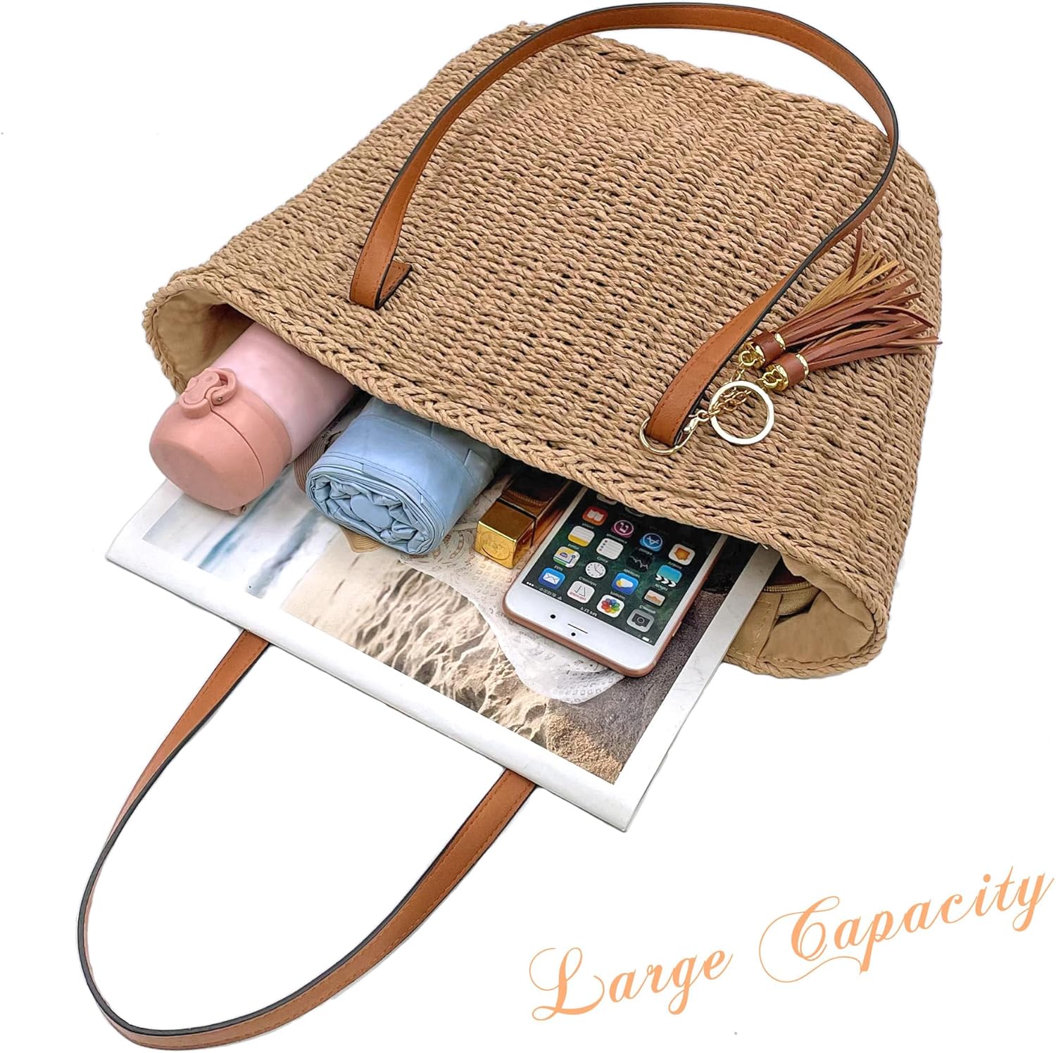 Straw Tote Bag for Women Beach Woven Shoulder Handbags for Summer Travel vacation with Tassel