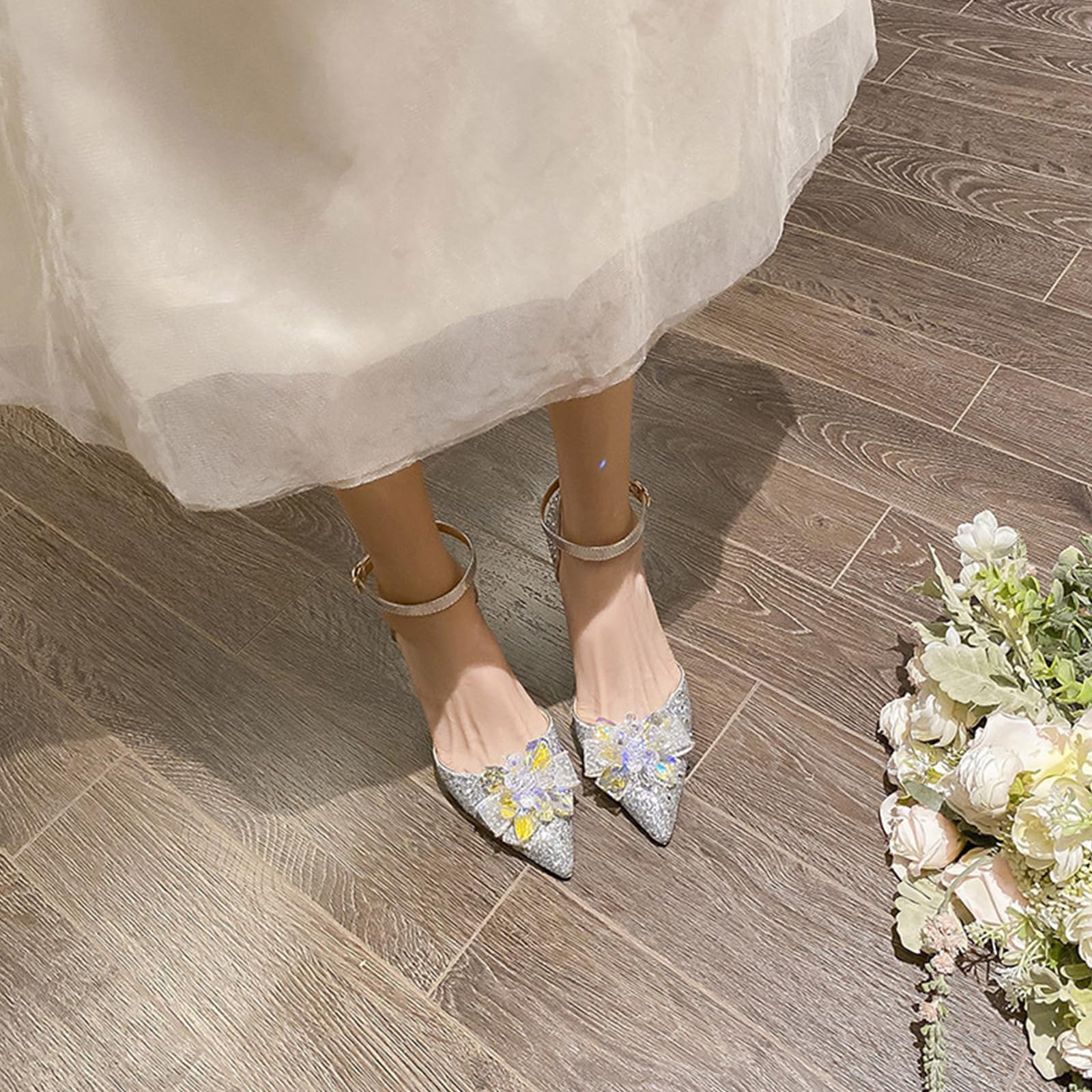 Scarpe da Sposa con Tacchi Alti da Donna Sandali Cavi Décolleté con Fiori di Strass e Tomaia Glitterata Altezza Tacco Medio 3