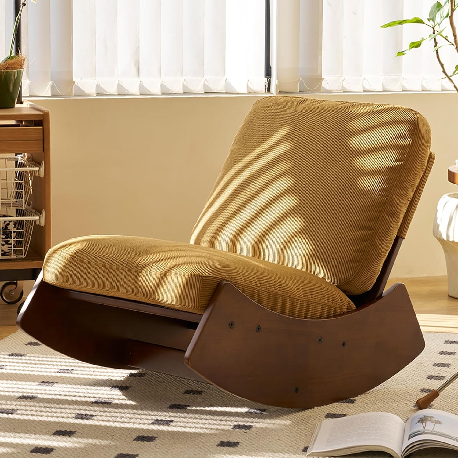 NIOIIKIT Nursery Rocking Chair, Corduroy Upholstered Glider Chair with Wood Legs, Leisure Glider Rocking Chair with Thick Seating, Accent Rocker Recliner for Living Room (Beige)