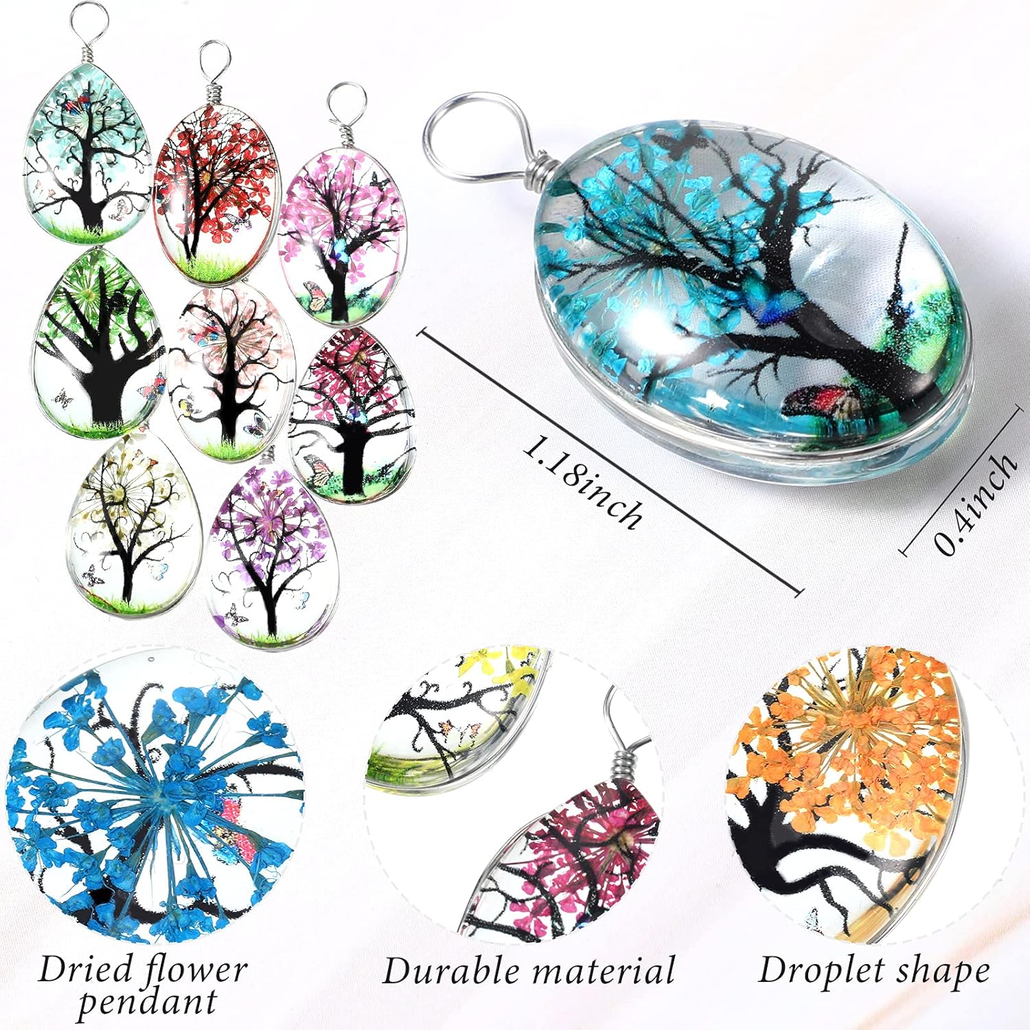 12 Pieces Dried Flower Tree Pendant Charms Resin Dried Pressed Flower Pendant Water Drop Glass Beads Lacework Floating Ornament Mixed Color for Making Jewelry Craft DIY Necklace, 0.7 x 1 x 0.3 Inch - Image 2