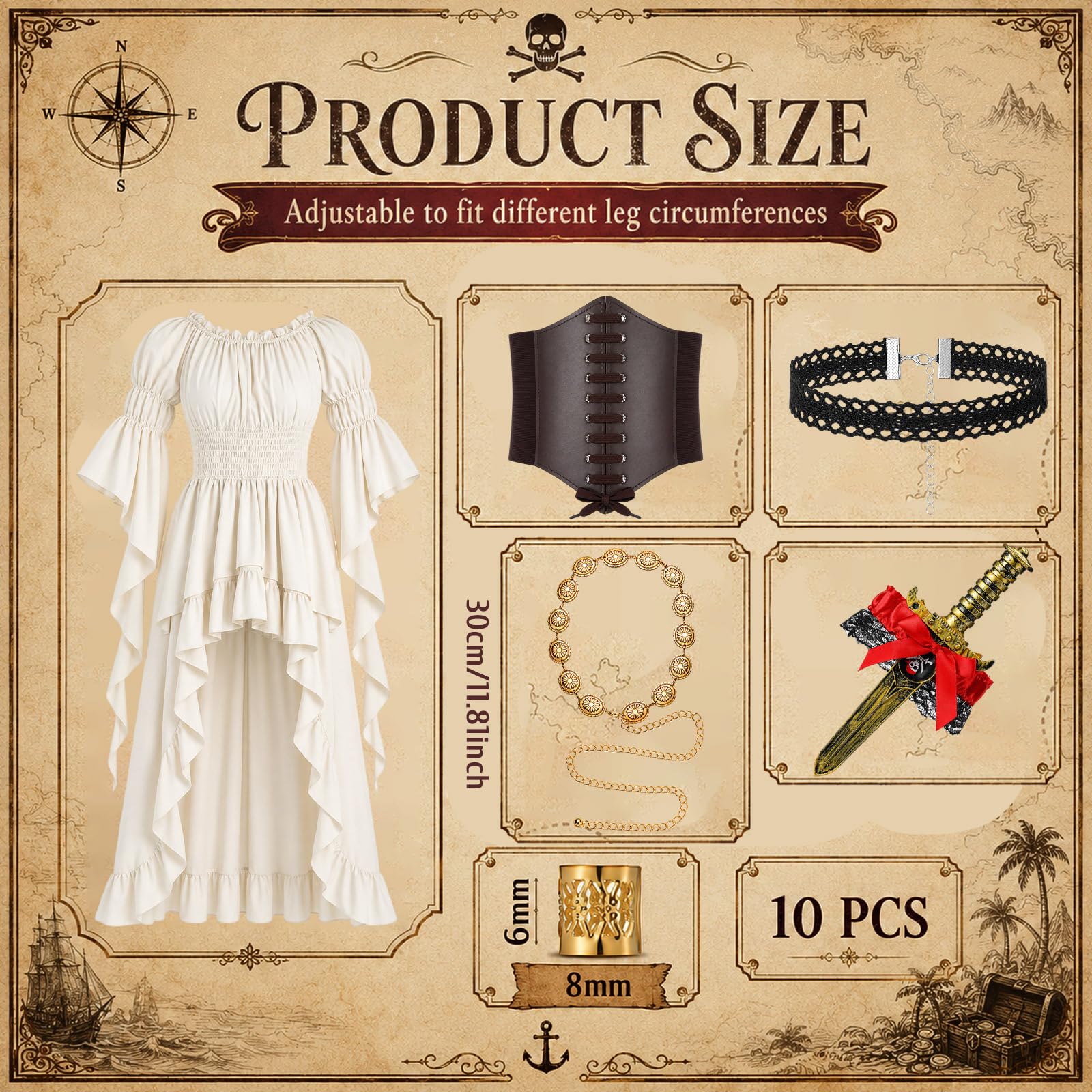 Twistover Halloween-Kostüm für Damen, Piratenkostüm, Zubehör, Kleid, Korsett, Kopftuch, Gürtel, Choker, Spitze, Strumpfband für Piratenkapitän, Verkleiden