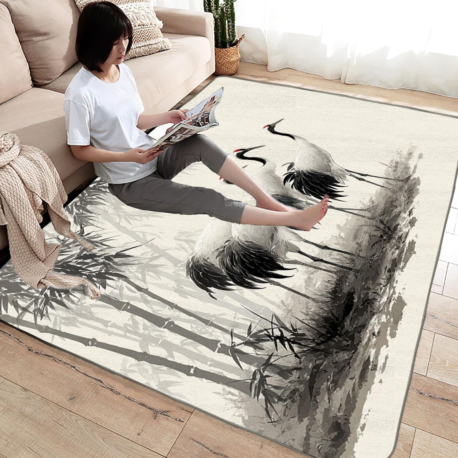 Kolorowy drukowany dywan do salonu Żurawie stojące na bambusowych dywanikach do salonu, sypialni dla dorosłych Jadalnia Biuro (szary)-150x240cm