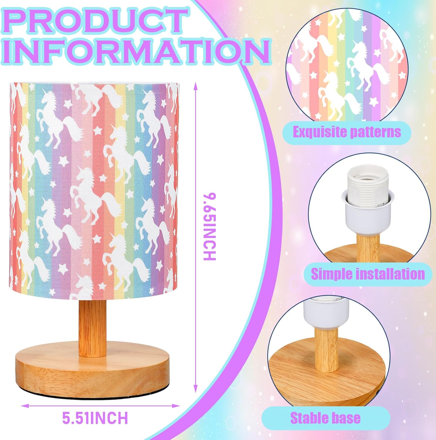 VIHOSE Cute Unicorn Kids Table Lamp for Bedroom Kids Bedside Lamp with Linen Wooden Nightstand Cartoon Nursery Lampshade for Girls Boys Living Room