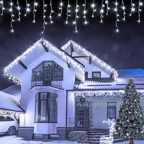 Miniatura 9 de USOKYO - Luces de Navidad 480 luces LED de 558 pies con 96 caídas 8 modos cortina de ventana luces LED de carámbano luces parpadeantes para