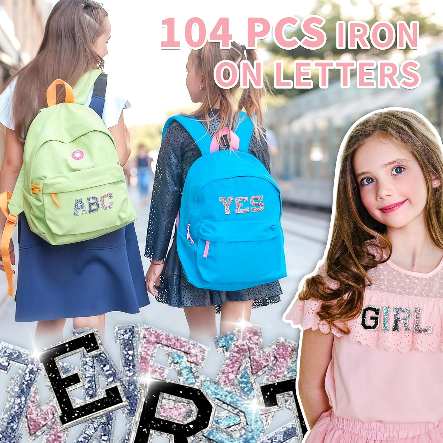104 Pcs Iron On Letters, 2 Inch Glitter Iron On Letters, A-Z Iron On Letter Patches for Clothes, Backpacks, Jackets, Hats, Jeans, Bags, Fabric, DIY Accessories (Blue, Pink, Silver, Black)