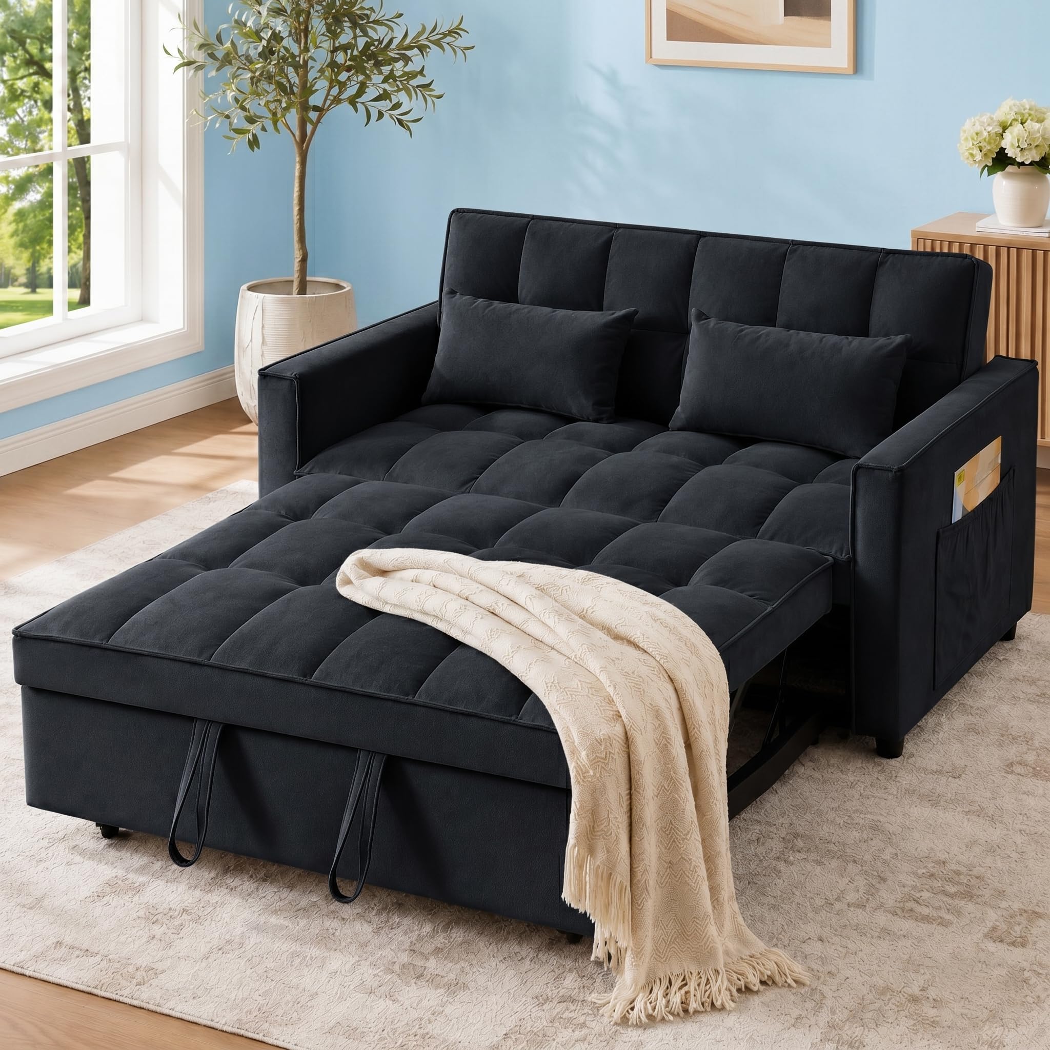 3 in 1 Pull Out Couch Bed, Convertible Futon Sofa Bed, Velvet Sleeper Loveseat for Small Living Room, Adjustable Backrest, Comfy Pillows, Side Pocket (Black)