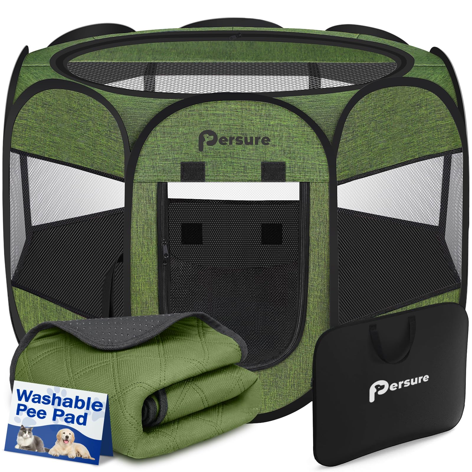 Persure Dog Cat Pet Playpen Puppy Crate Cage for Indoor Outdoor Travel | Nursing Rest Zone Recovering Pet Quarantine Room Portable Pop Up Easy to Set up lightweight(Premium Green with Pad,Small)