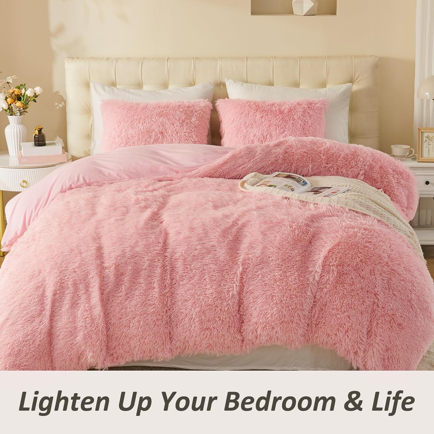 EMME Luxury Fuzzy Duvet Cover Set Twin Size Fluffy Comforter Cover Set Shaggy and Plush Soft Bedding Duvet Covers (Pink, Twin) - Image 8