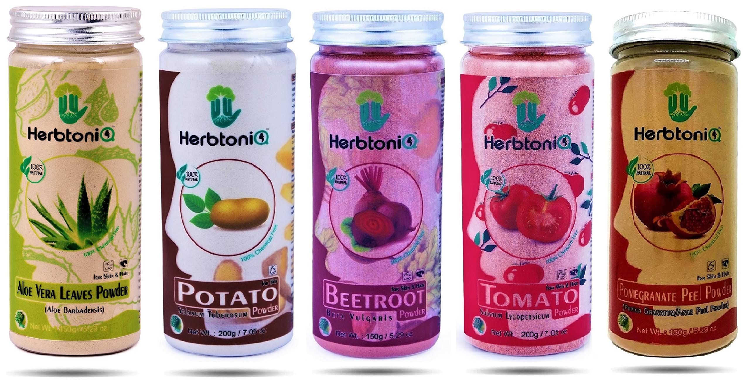 HerbtoniQ 100% Natural Pack of 5 Face Powder for Face Packs, Face Washes, Scrubs, Pigmentation and Acne: Aloe Vera, Potato, Beetroot, Tomato, and Pomegranate Peel (850g)