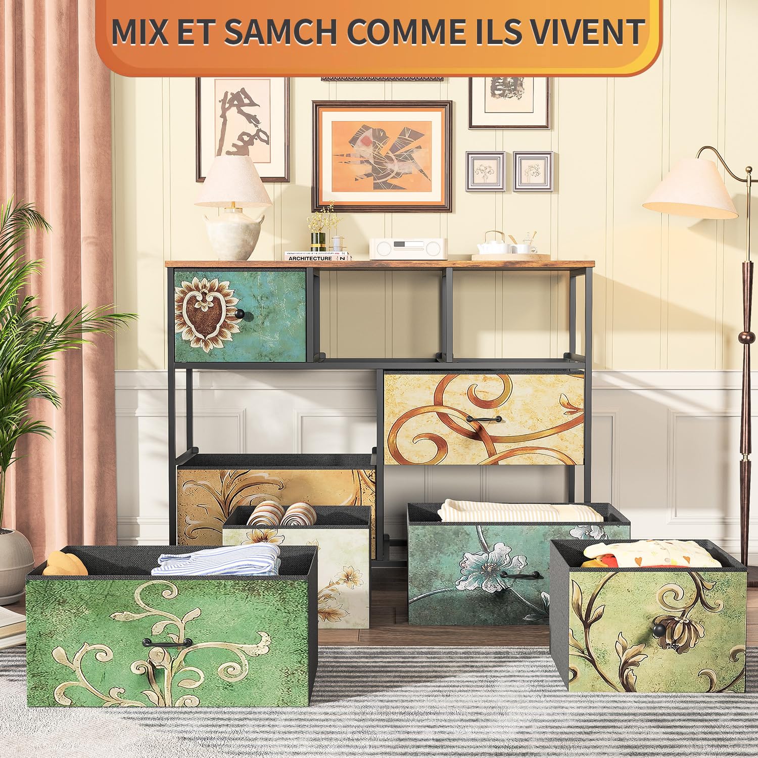Commode à 7 Tiroirs en Tissu,Commode Chambre Adulte Armoire Tiroirs avec Plateau Bois et Cadre Métal,Meuble de Rangement pour Chambre d’Enfant, Salon et Couloir