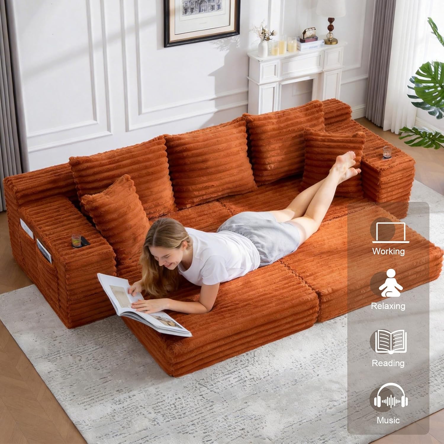 3 Seater Convertible Folding Sofa Bed, 107'' Pull Out Sleeper Sofa with 5 Pillows, Boneless Loveseat Foldable Couches for Living Room, Floor Futon Sofa Queen Size Couch Bed