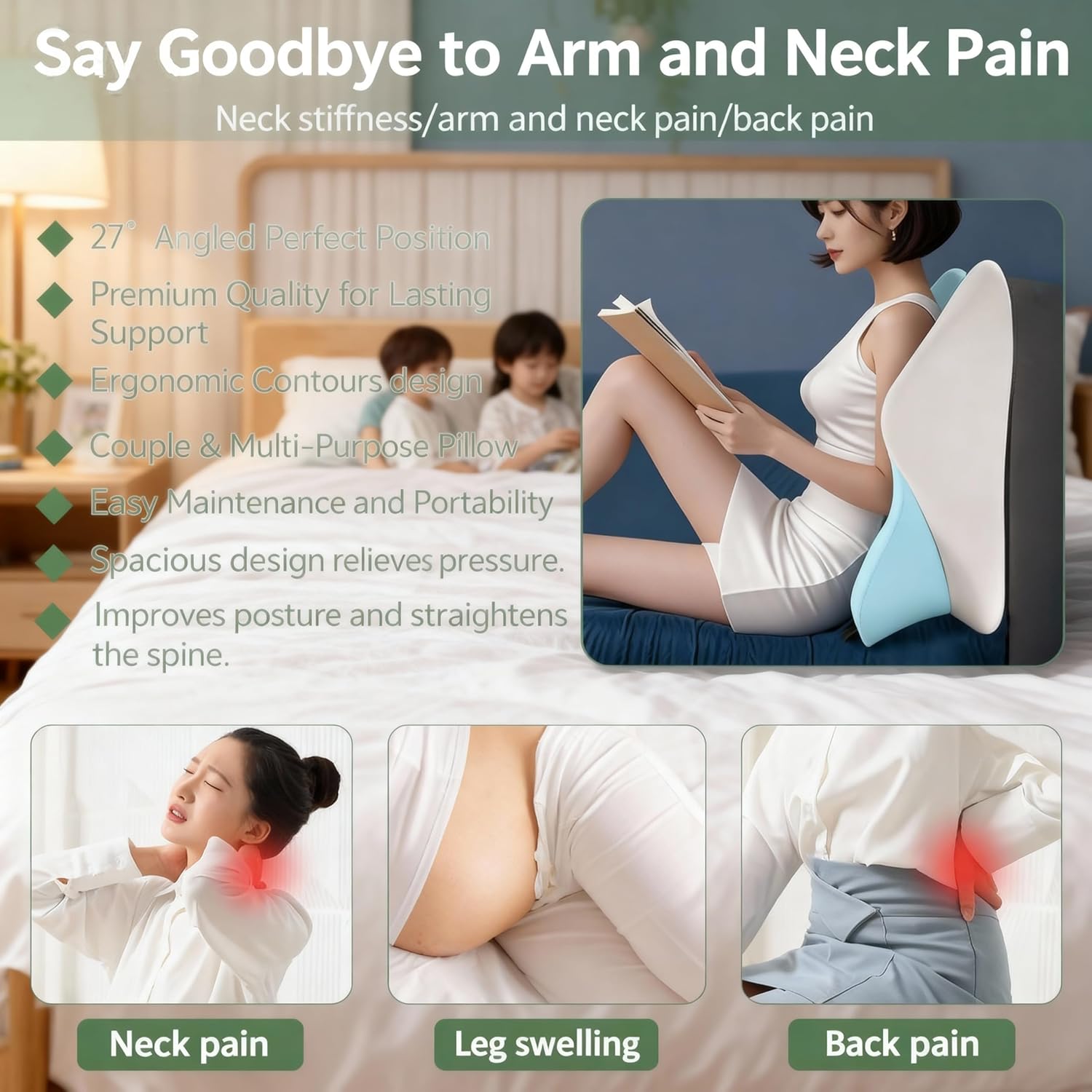 Ergonomic 27° Angled Support Pillow, High-Density Memory Foam Wedge Cushion for Back, Neck & Multi-Position Comfort (Black)