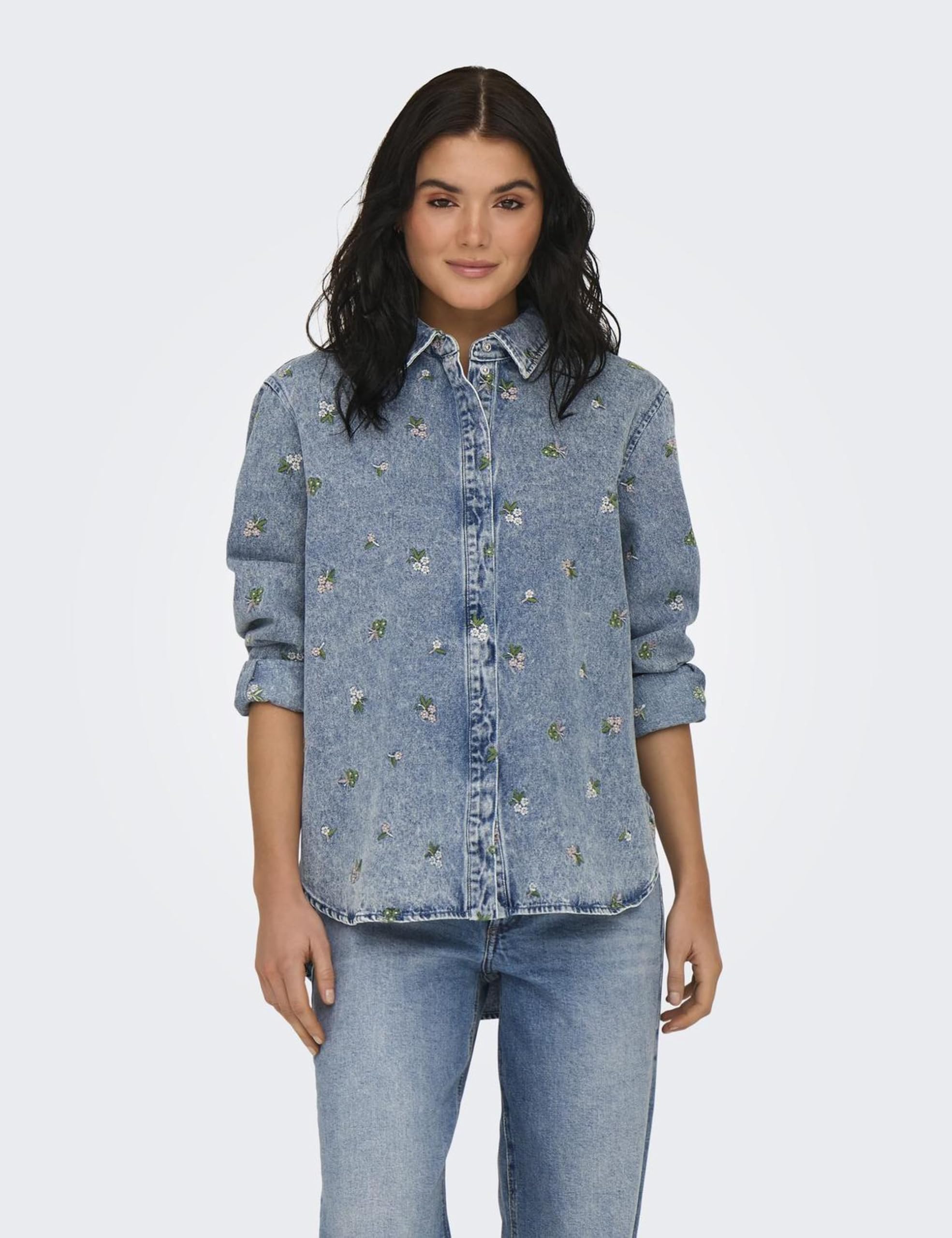 ONLY Damen Onlvera L/S Flower Emb Shirt DNM Noos Onlvera L/S Flower Emb Shirt DNM Noos (1er Pack)