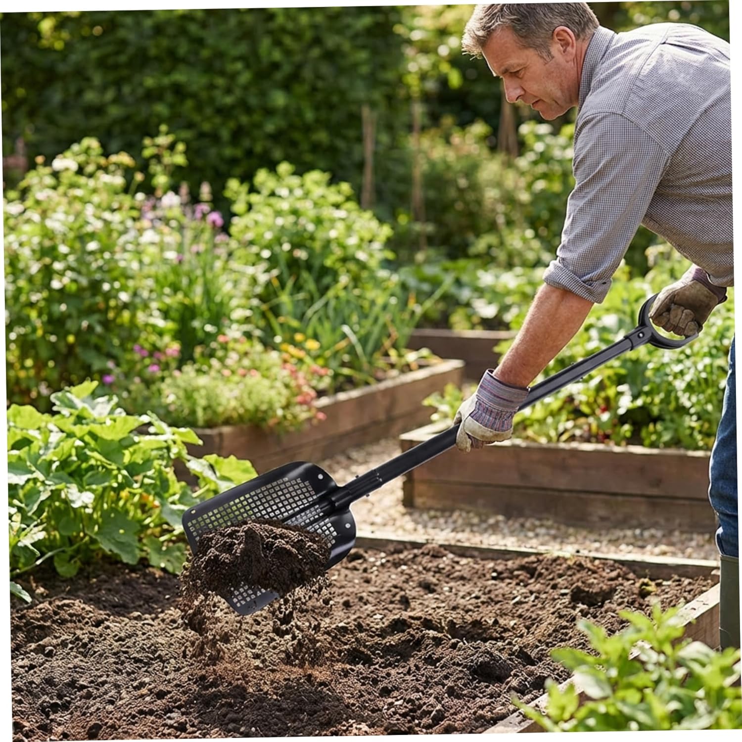 Sifting Shovel, Lightweight Sand Sifter for Beach, Garden & Chicken Coop, Easy Assembly Long Handle Aluminum Soil Sieve with Quick-Connect Poles..