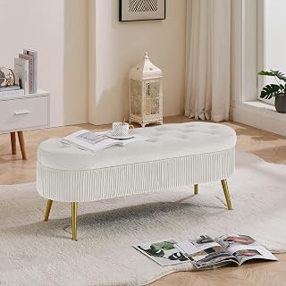 Velvet Fabric Storage Ottoman Legs Easy Assembly Shoe Bench for Living Room Entryway Bedroom (43.30''W x 15.74''D X16.53''H) 1 250 Oval PHO_11TX White Solid Wood