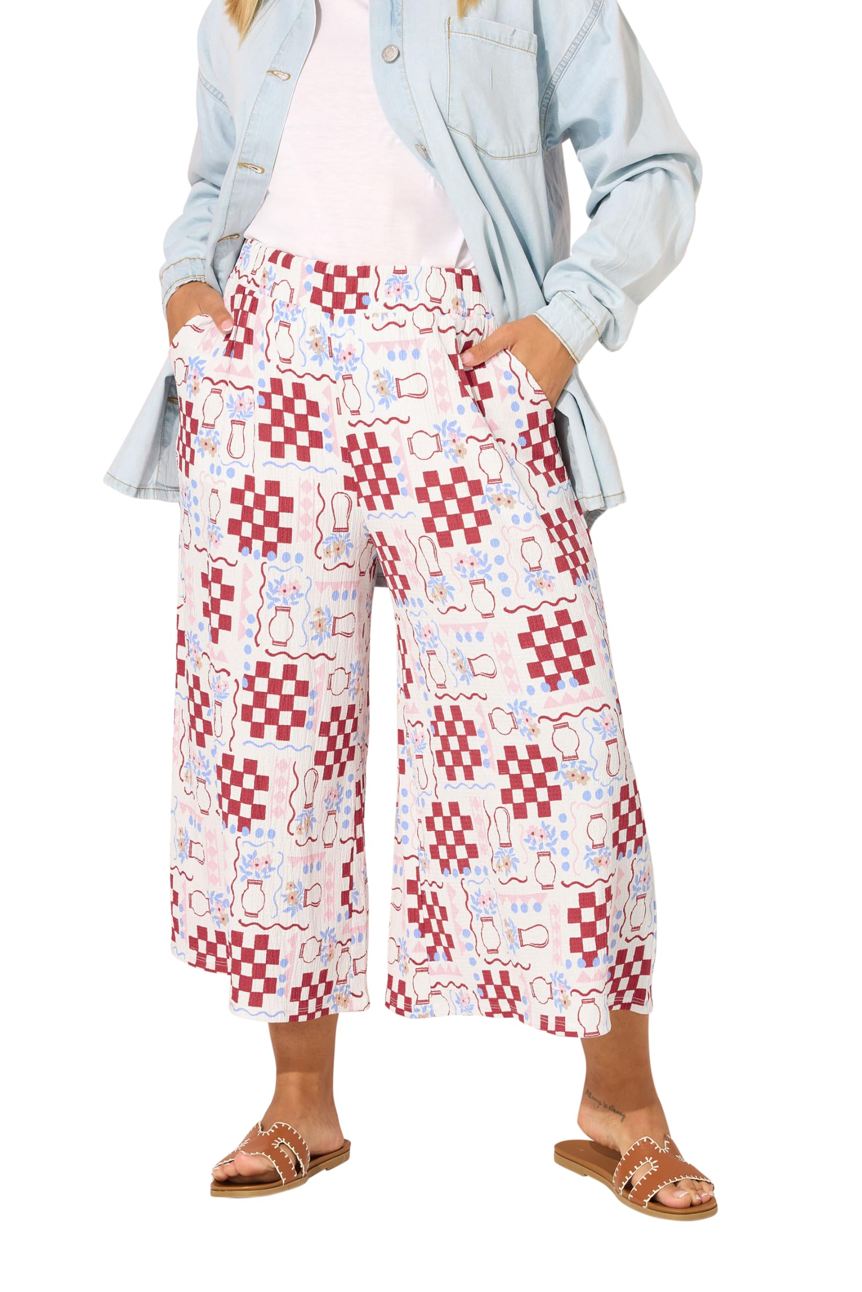 Yours Floral Check Crinkle Midaxi Culottes - White - Size 22-24