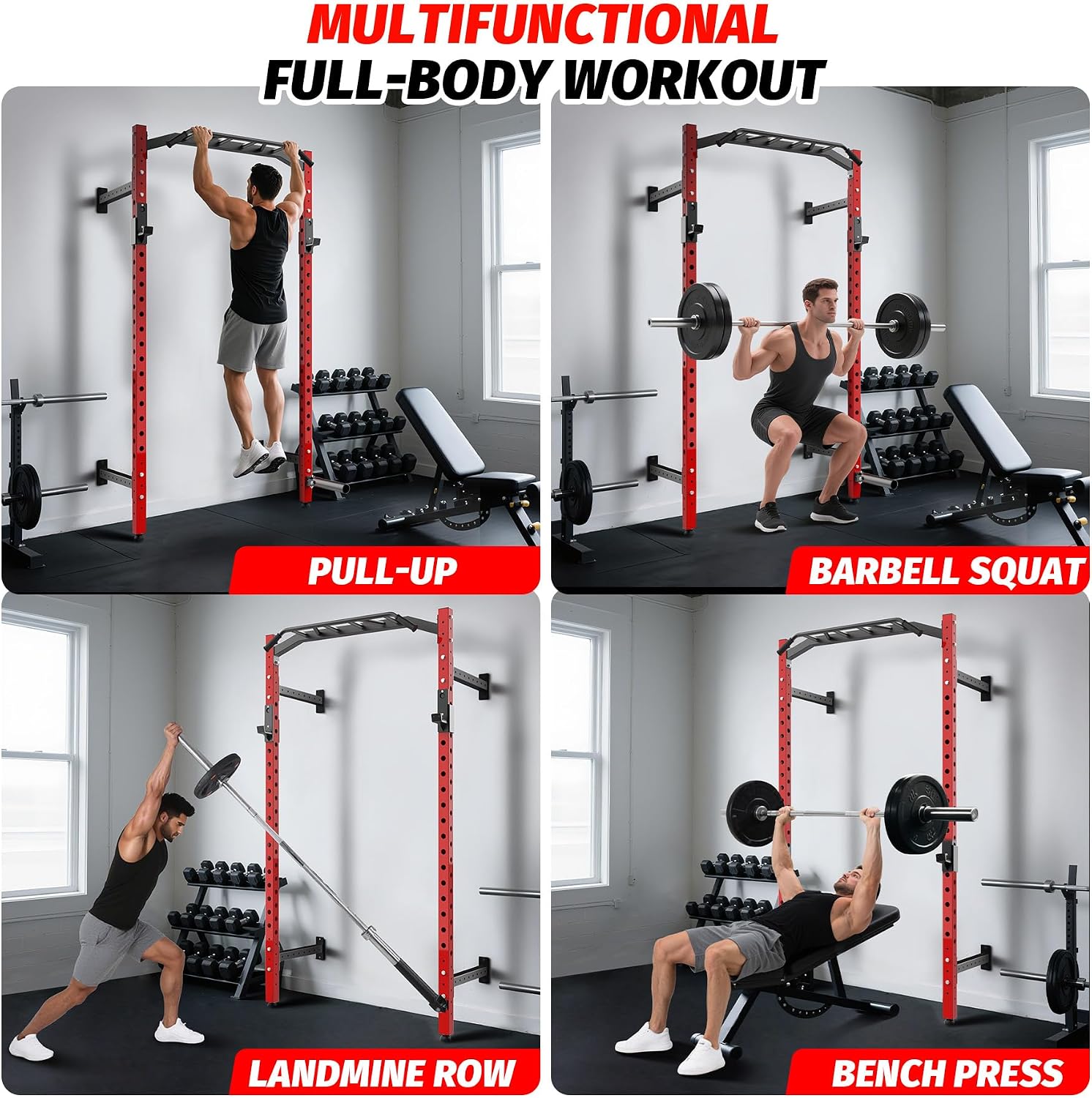 1600LB Wall Mounted Power Rack, Commercial Squat Rack for Home Gym with Multi-Grip Pull Up Bar, j-Cups & Landmine Attachment for Home and Garage Gym