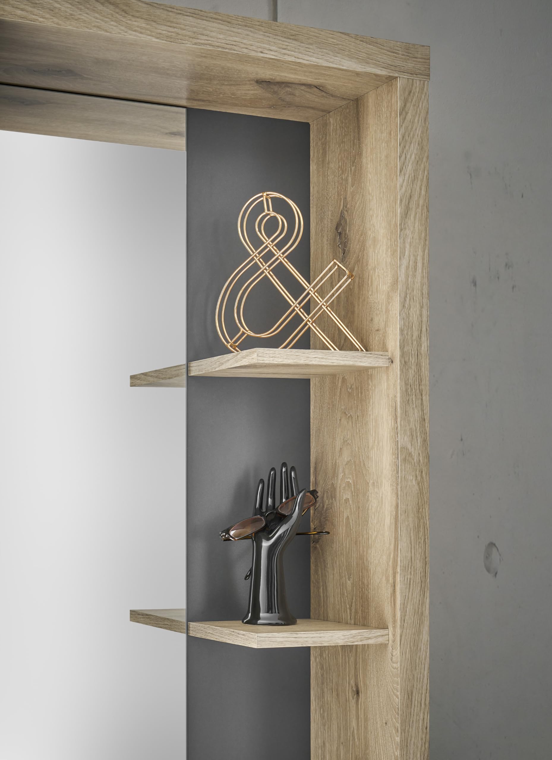 Stella Trading FRAME Porte-manteau mural Ensemble de vestiaires d'entrée en aspect Viking Oak, anthracite-Portemanteau moderne avec miroir pour votre entrée, 72 x 200 x 35 cm (L/H/P)