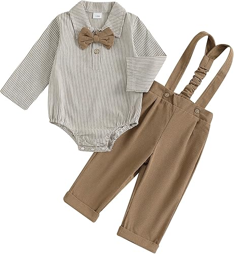 Newborn Baby Boy Fall Outfit Bow Tie Formal Stripe Long Sleeve Romper Corduroy O